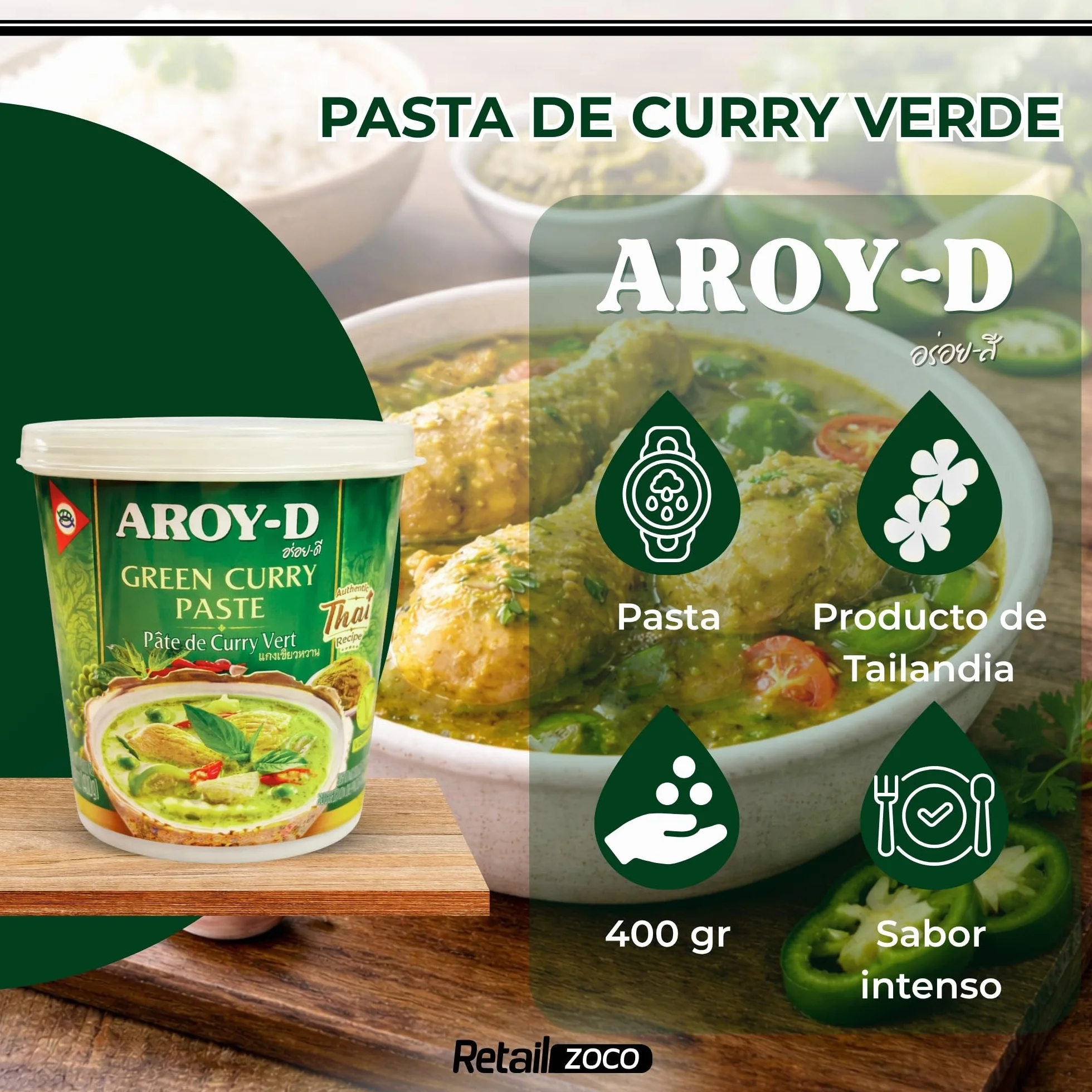 Curry Aroy-D Pasta Curry Verde 30% 2x400g Tailandia