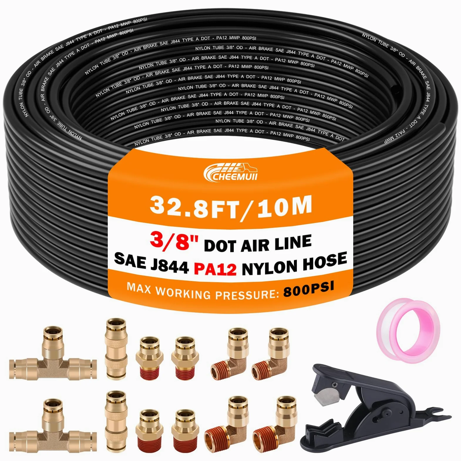 CheeMuii Accesorios de aire DOT de latón de 3/8 con kit de manguera de aire de 3/8 DOT de 3/8 pulgadas de conexión rápida DOT y línea de freno de aire PA12 de 3/8 pulgadas para remolque de