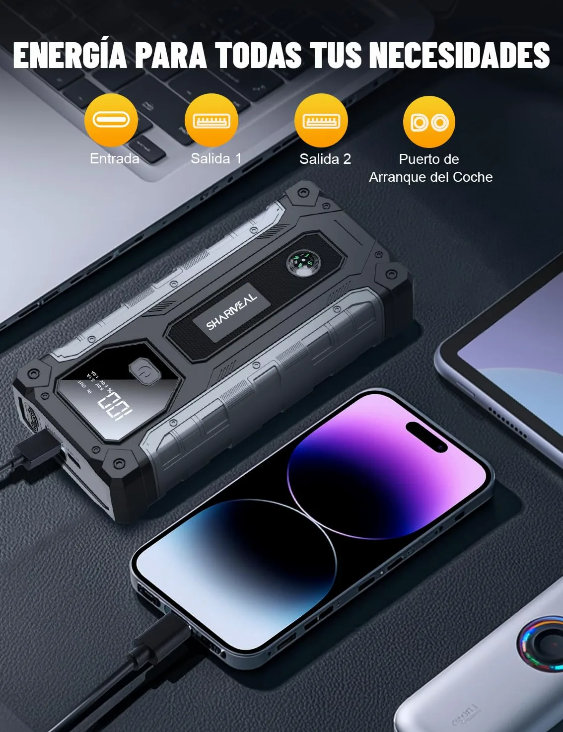 Arrancador de Coche, 10000A Arrancador de Baterías de Coche, 12V Arrancador de Portátil con para All Gasolina o 10L Diesel, Clips de Seguridad Inteligentes, Portable Jump Starter con Linterna LED