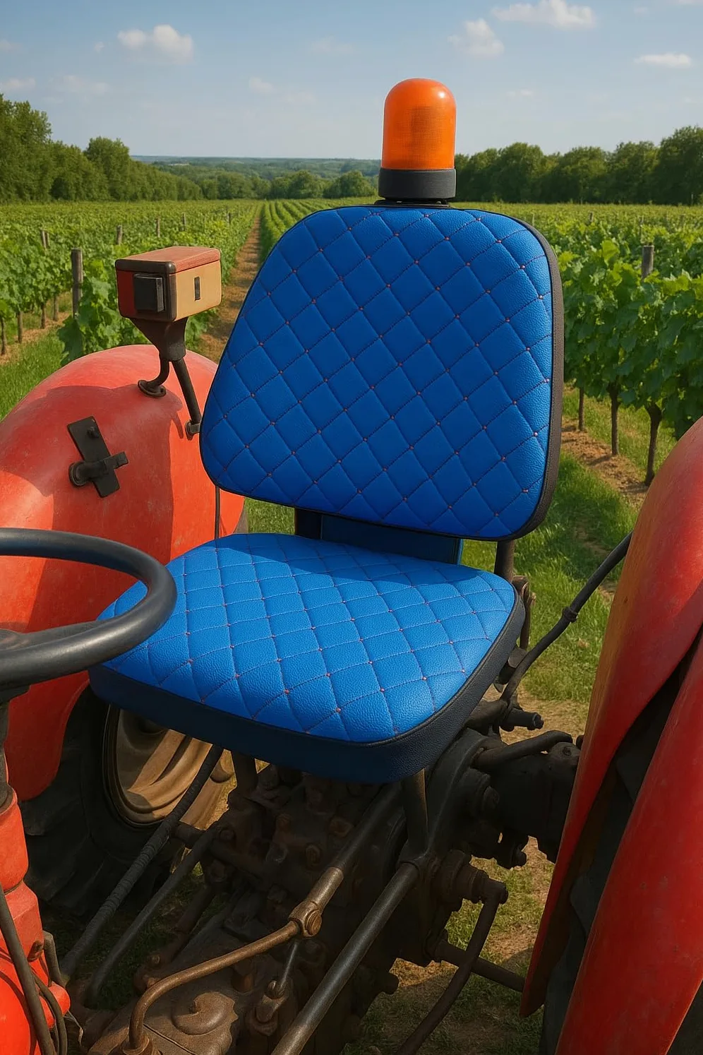 Funda de asiento de tractor resistente, acolchado Impertex duradero para tractores y carretillas elevadoras, cortacésped (cuero azul, costuras azules)