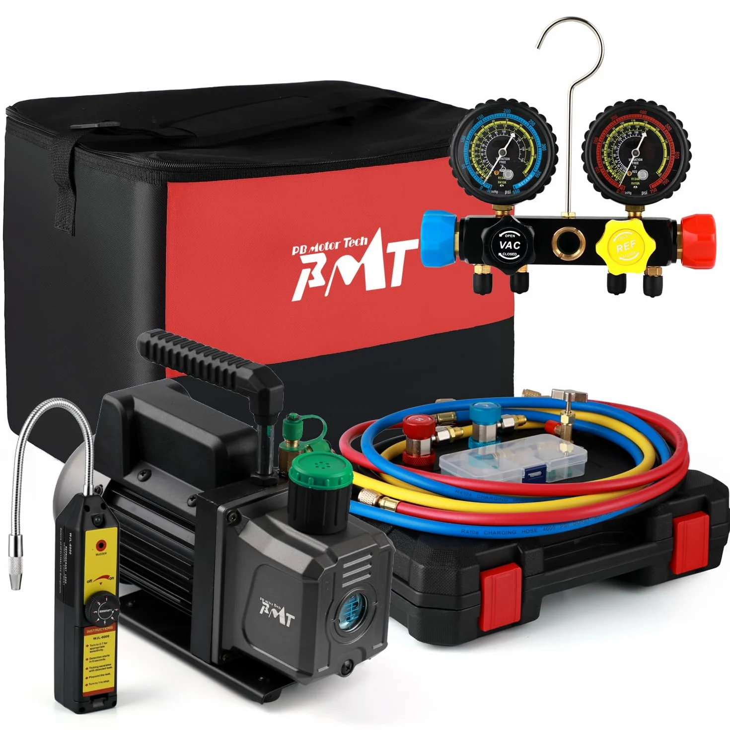 PB Motor TECH - Bomba de vacío de 4.5 CFM 1/3HP con manómetro de CA de 4 vías para R134a R22 R401a, con detector de fugas, grifo de lata de perforación R134a y otros accesorios