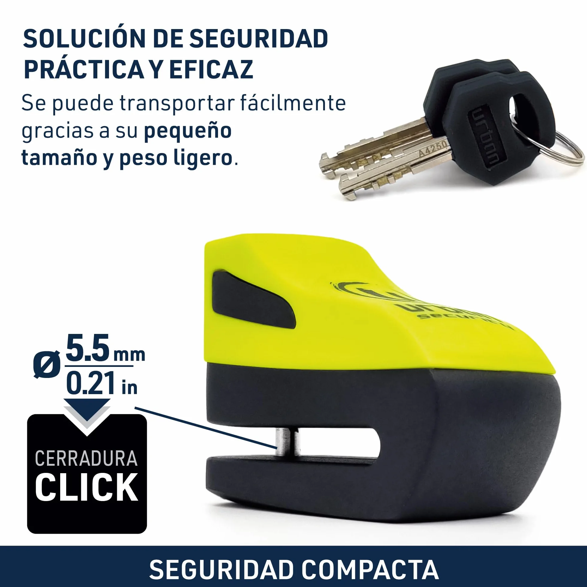URBAN UR955Y Candado Moto Disco Universal, Seguridad Compacta y Eficaz, Más Visible Más Disuasorio, Rápido Bloqueo Click, Antirrobo Bloqueo Pinza Disco Freno Moto, Bicicleta, Patinete Electrico