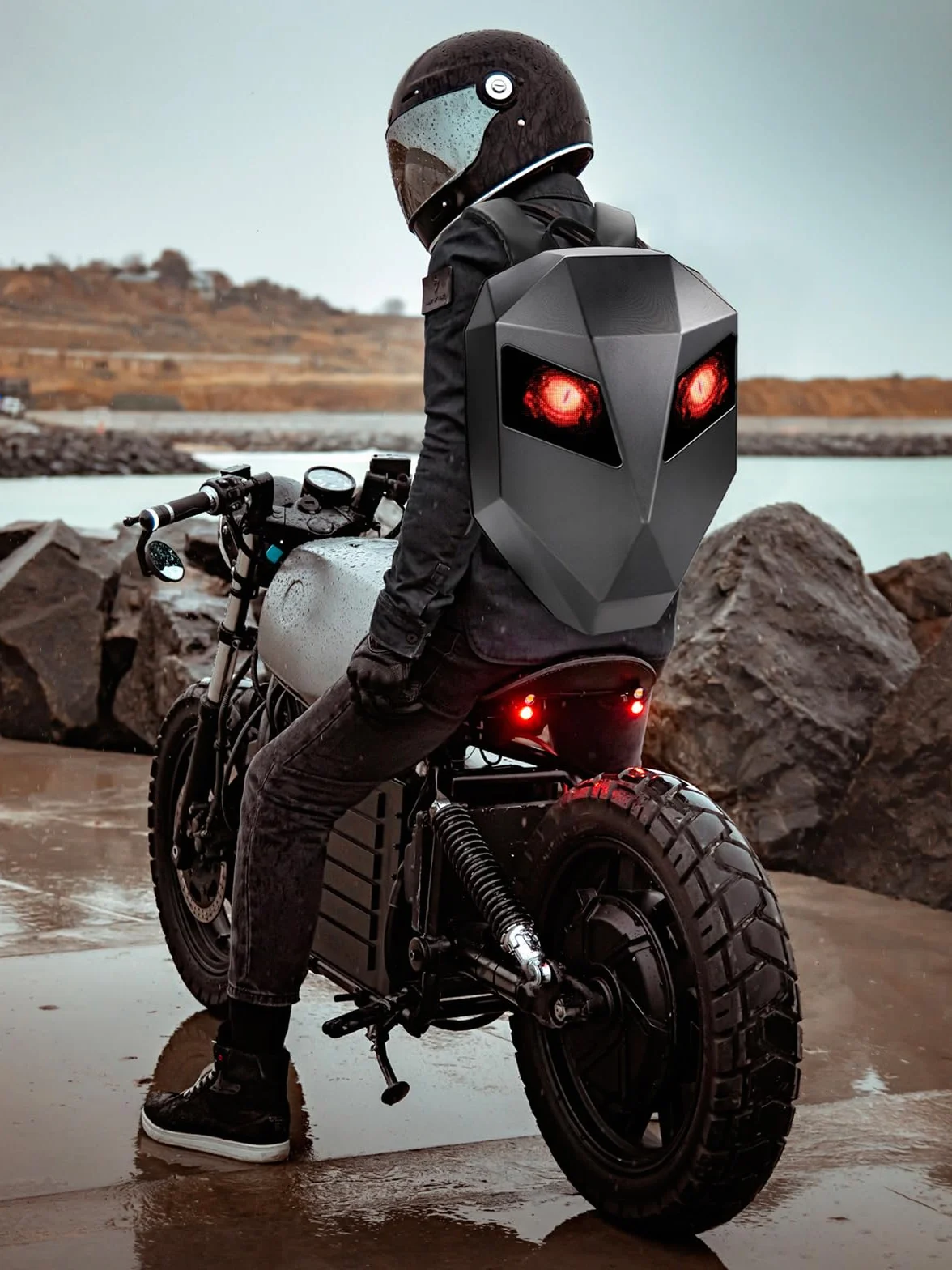 Mochilas dinámicas APP DIY Mochila para ordenador portátil, mochila de motocicleta con indicador de ojos LED, 3D Hard Shell Casco, bolsa de viaje programable dinámica pixel Daypack