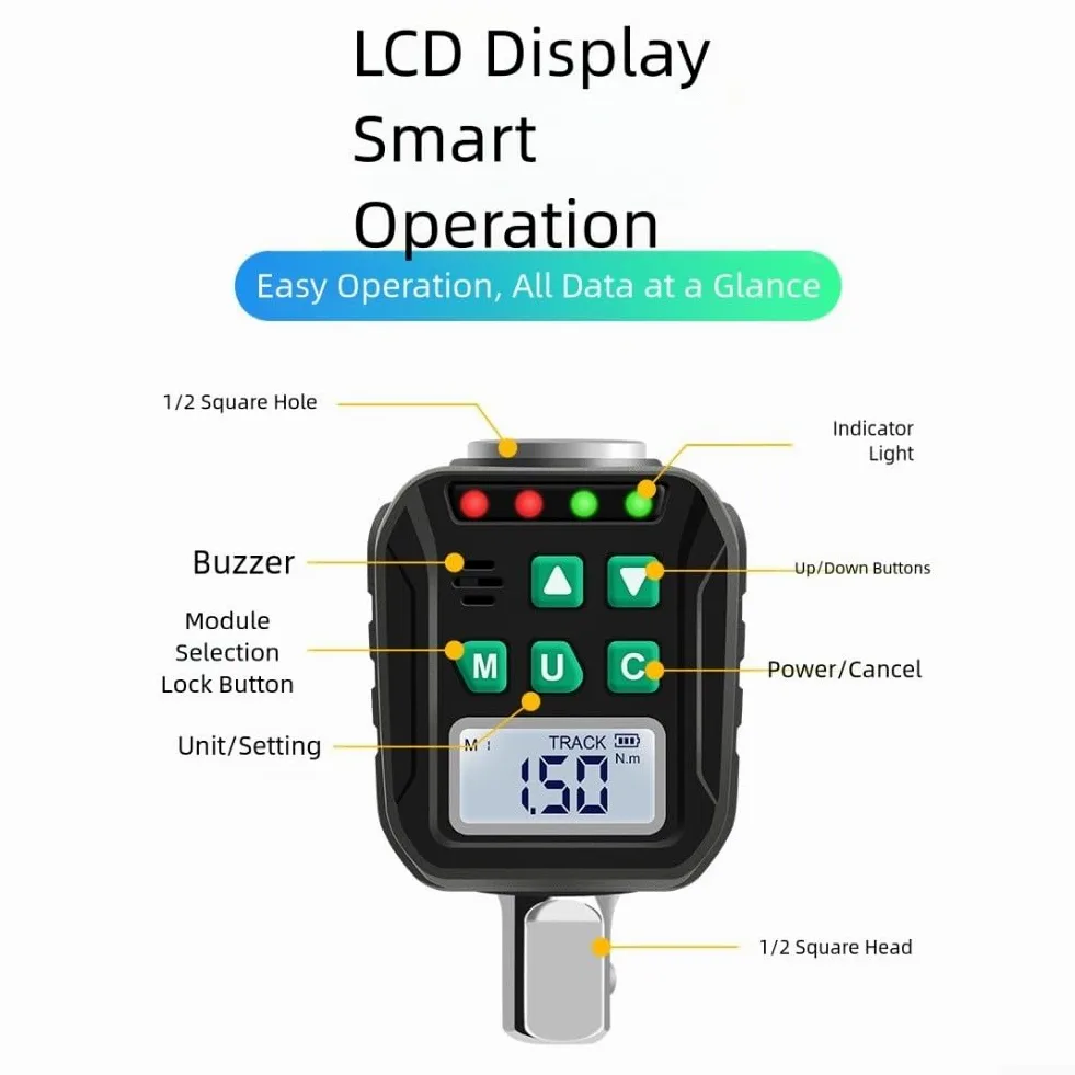 Probador de par digital para llaves dinamométricas con 6 modos preestablecidos, conmutación de cuatro unidades, alertas audibles y LED para evitar un apriete excesivo de 10 a 200 Nm