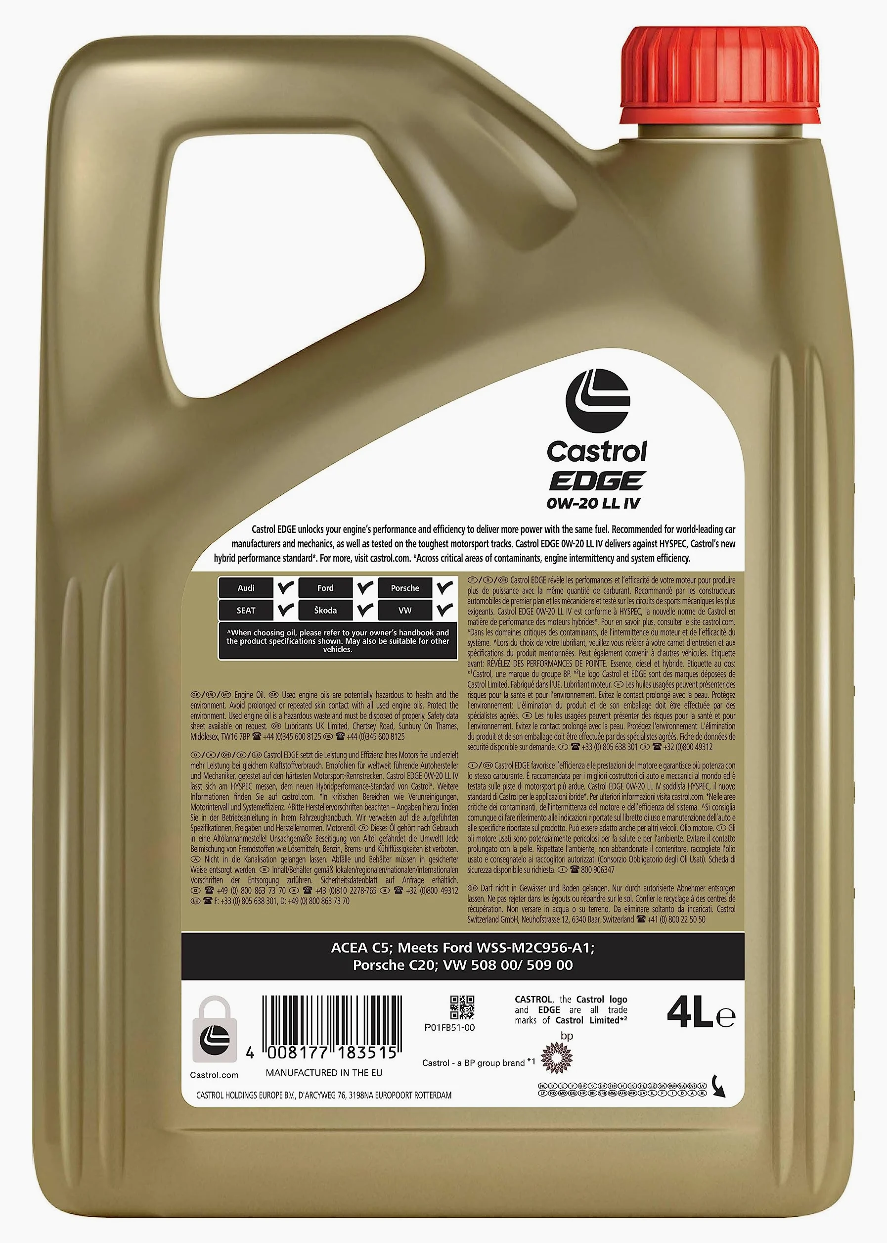 Castrol EDGE 0W-20 LL IV 4L, Aceite de Motor Avanzado Sintético, Cumple con las Especificaciones ACEA C5/C6, API SQ y ILSAC GF-7, 4L