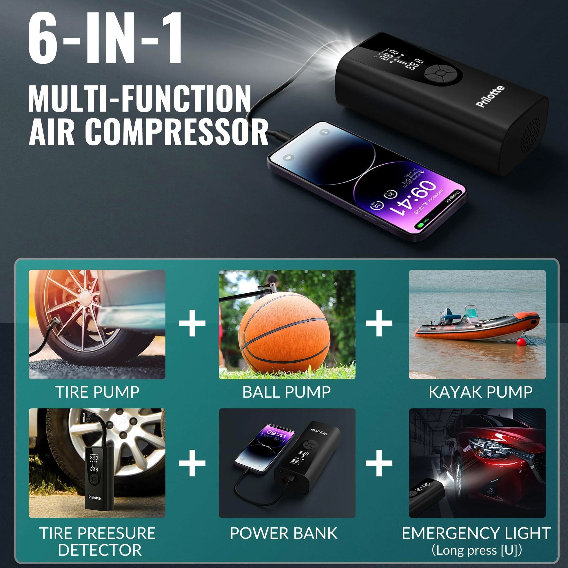 Inflador de neumáticos, compresor de aire portátil, bomba de aire para neumáticos de coche, portátil, 180 PSI, inalámbrico eléctrico, inflado rápido 3 veces, inflador de neumáticos con calibre, LED