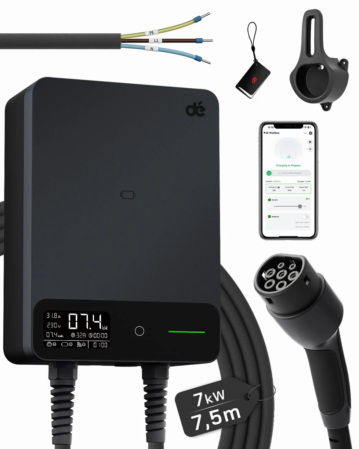 dé Wallbox 7,4 kW Monofásico con App, Cable Tipo 2 de 7,5 m, RFID, Cargador Coche Eléctrico 7,4 kW 6–32 A 230 V, con RCD Tipo A 30 mA CA + 6 mA CC, IP54, para Model Y/3 y Otros BEV/PHEV, Negro