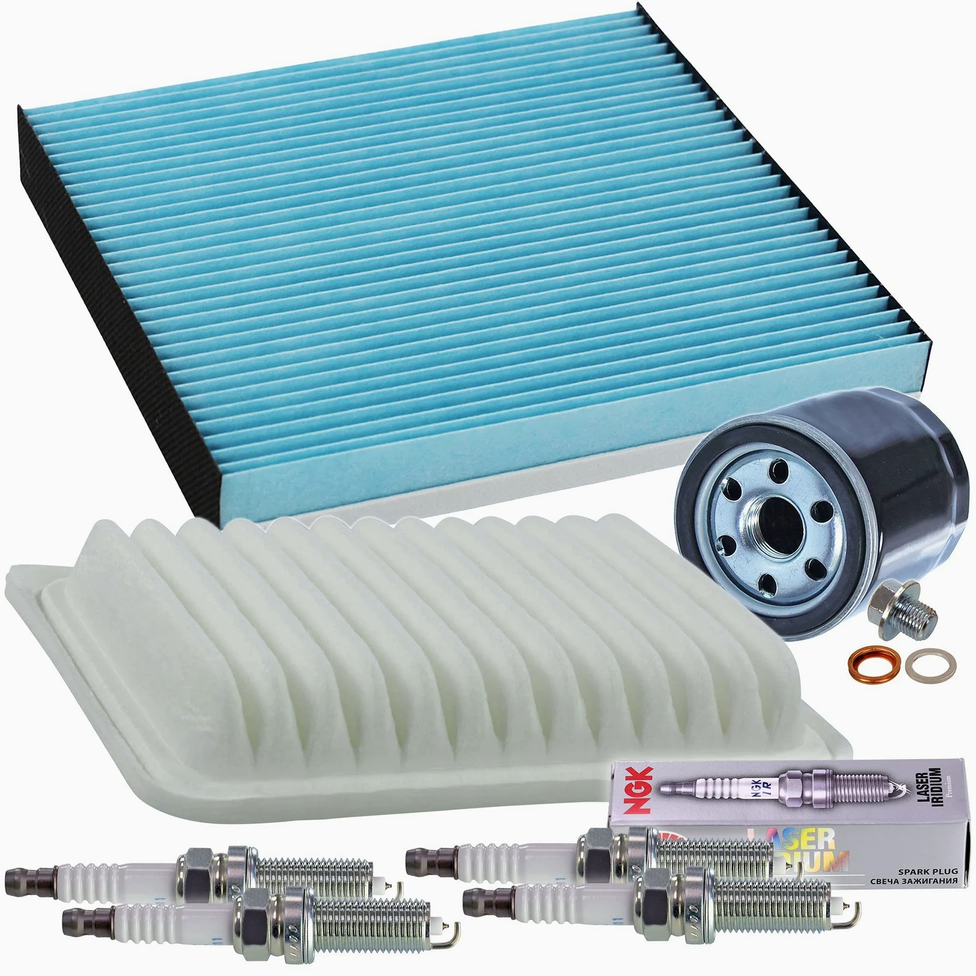 BESTPRICE Paquete de inspección juego de filtros con 1x filtro de aire, 1x filtro de habitáculo, 4x bujía NGK ILKAR7B11, 1x tapón de drenaje de aceite con junta Compatible con TOYOTA AURIS (_E15_)