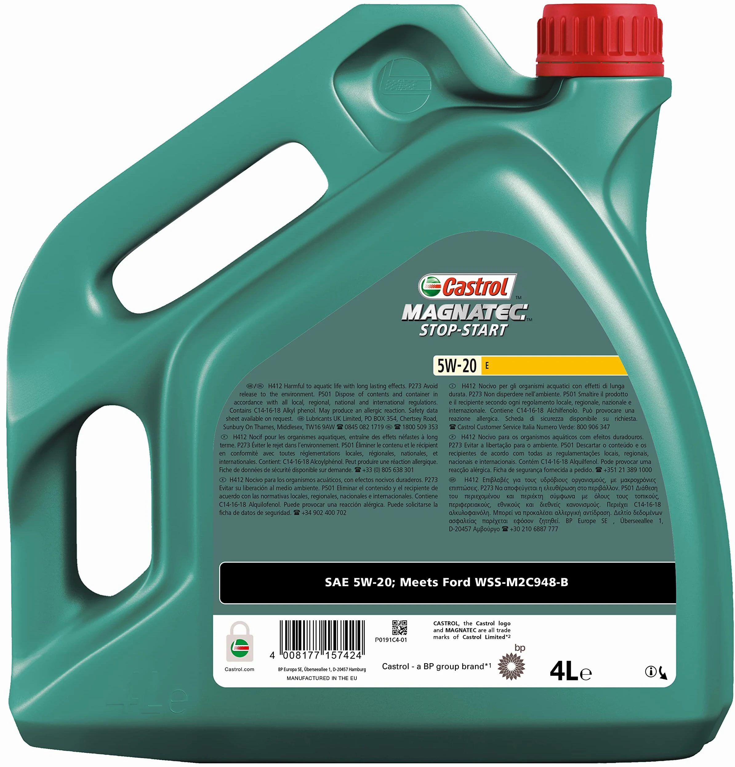 CASTROL Aceite de motor 5W-20 Magnatec Aceite completamente sintético API SN Stop-Start E 4L Compatible con FORD Fiesta Mk6 Hatchback CB1, CCN, JA8, JR8 MONDEO IV Turnier BA7, TOYOTA AYGO WNB1, KGB1