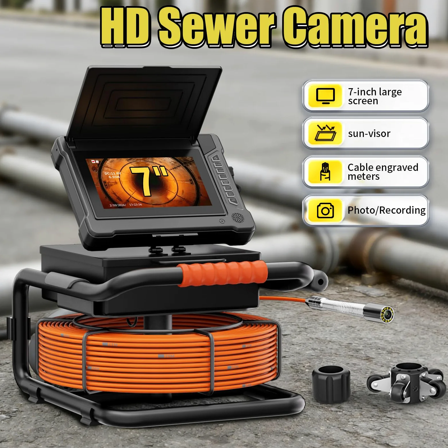 7"AHD Display Detector De Drenajes,1080P HD Borescope,Cámara De Tuberías,Cable Con Marcas Métricas,Sonda 23mm,12 Lámparas LED Blancas,Tarjeta 32G Incluida,Inspección Conductos Ingenie(Size:20 M/65 FT)