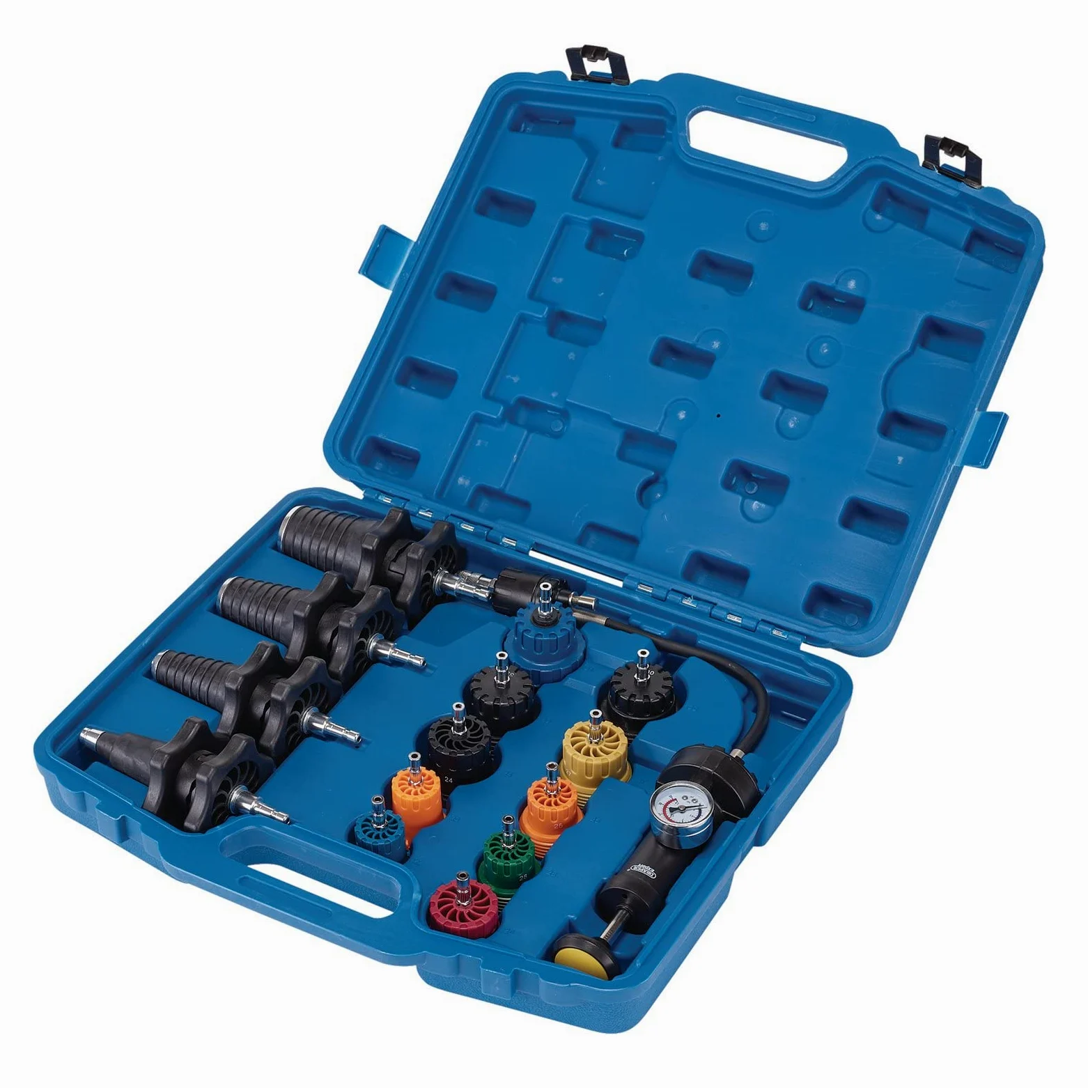 Draper 21439 Kit de Prueba de presión Universal (15 Piezas), Sistema de refrigeración para Motores de Gasolina, Azul y Negro