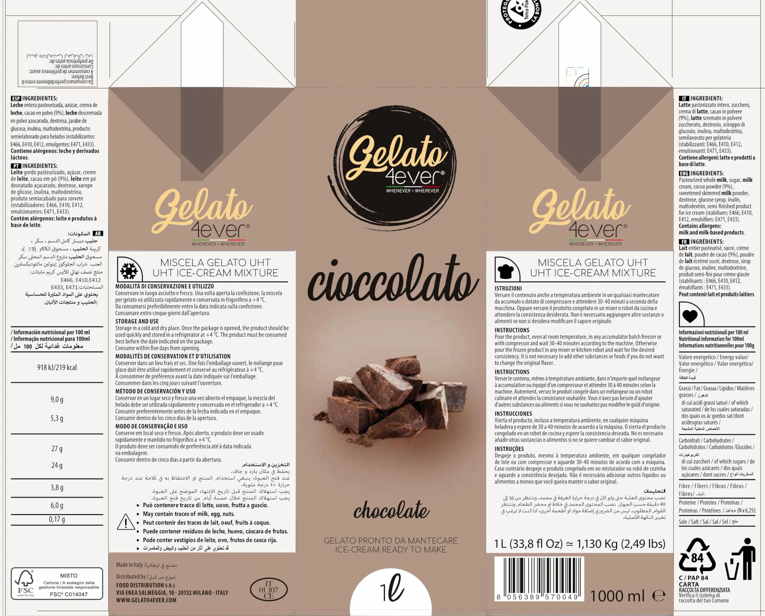 Gelato 4ever Helado listo para mantecar Gelato italiano UHT (Chocolate)