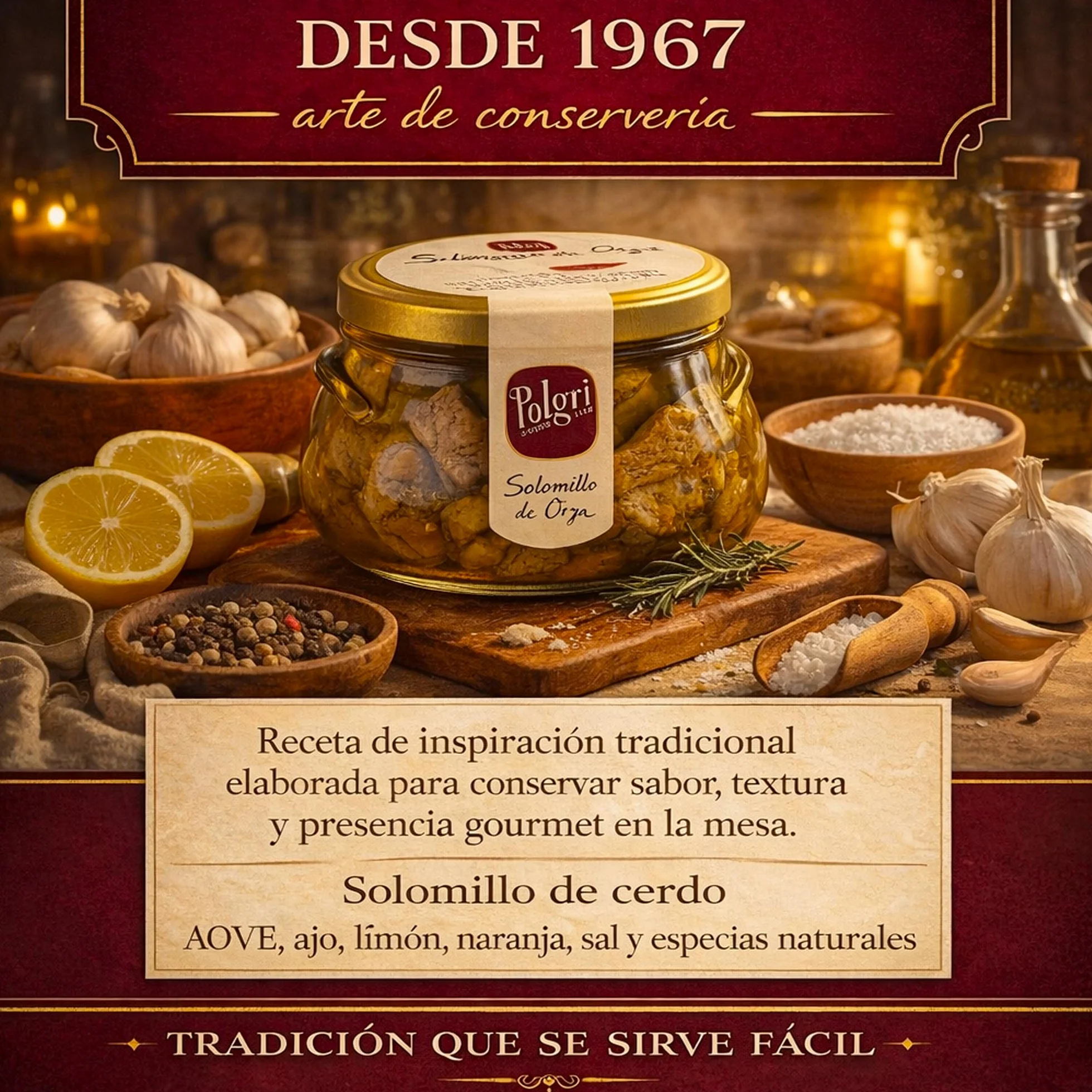 POLGRI Solomillo de Orza Lomo de Orza Conserva Gourmet de Cerdo en AOVE 850 ml Receta Manchega Tradicional