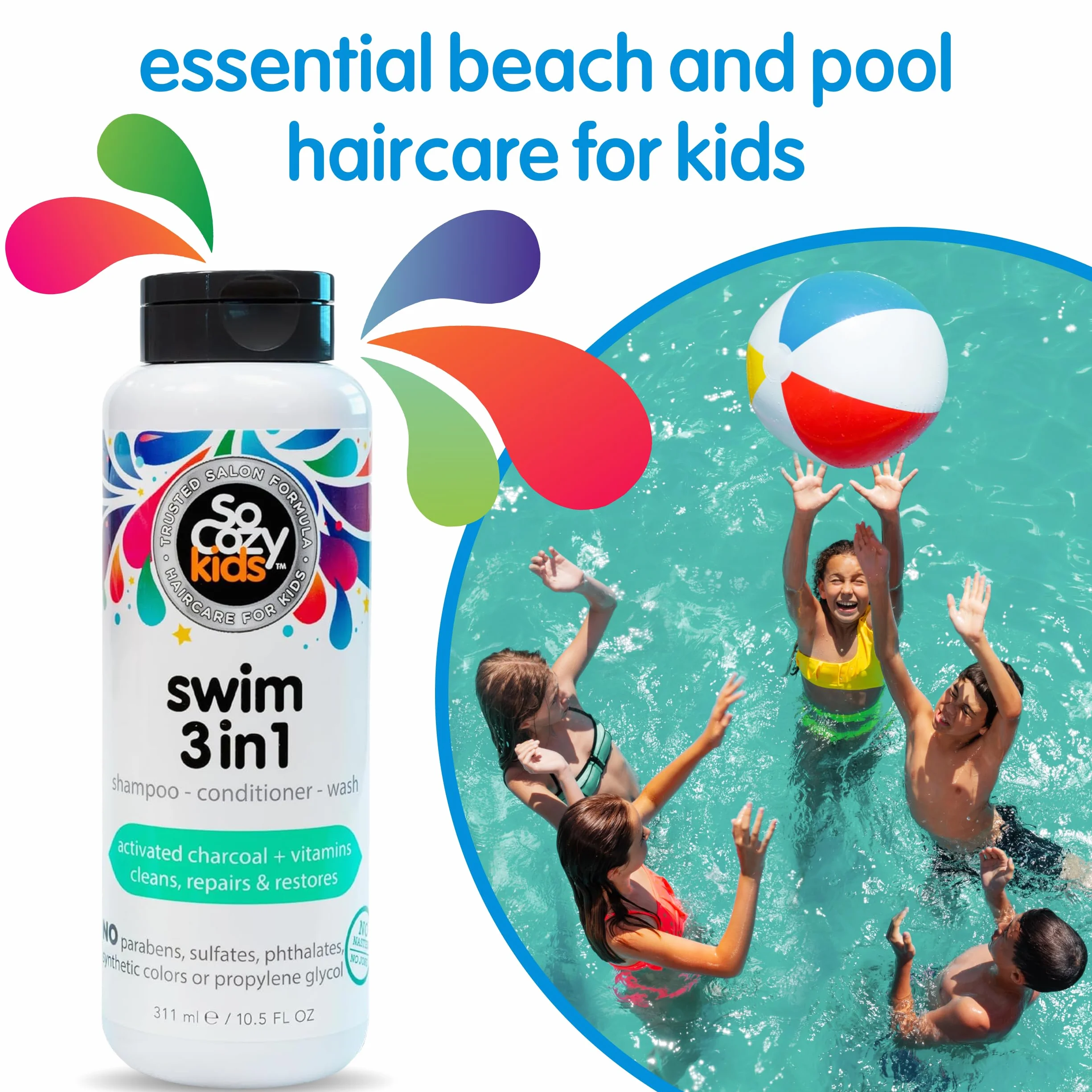 SoCozy Kids Swim 3 en 1 Champú, acondicionador y lavado corporal con carbón activado