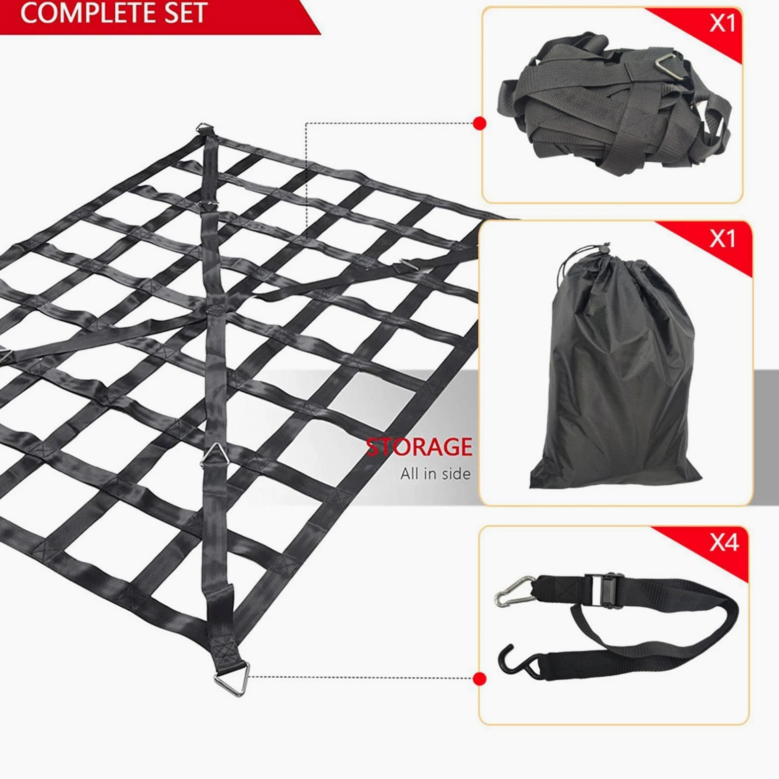 Red elástica para carga | Red de carga extensible y resistente – Red de | almacenamiento de maletero elástica ajustable con 4 cinturones fijos para SUV, coches y camiones
