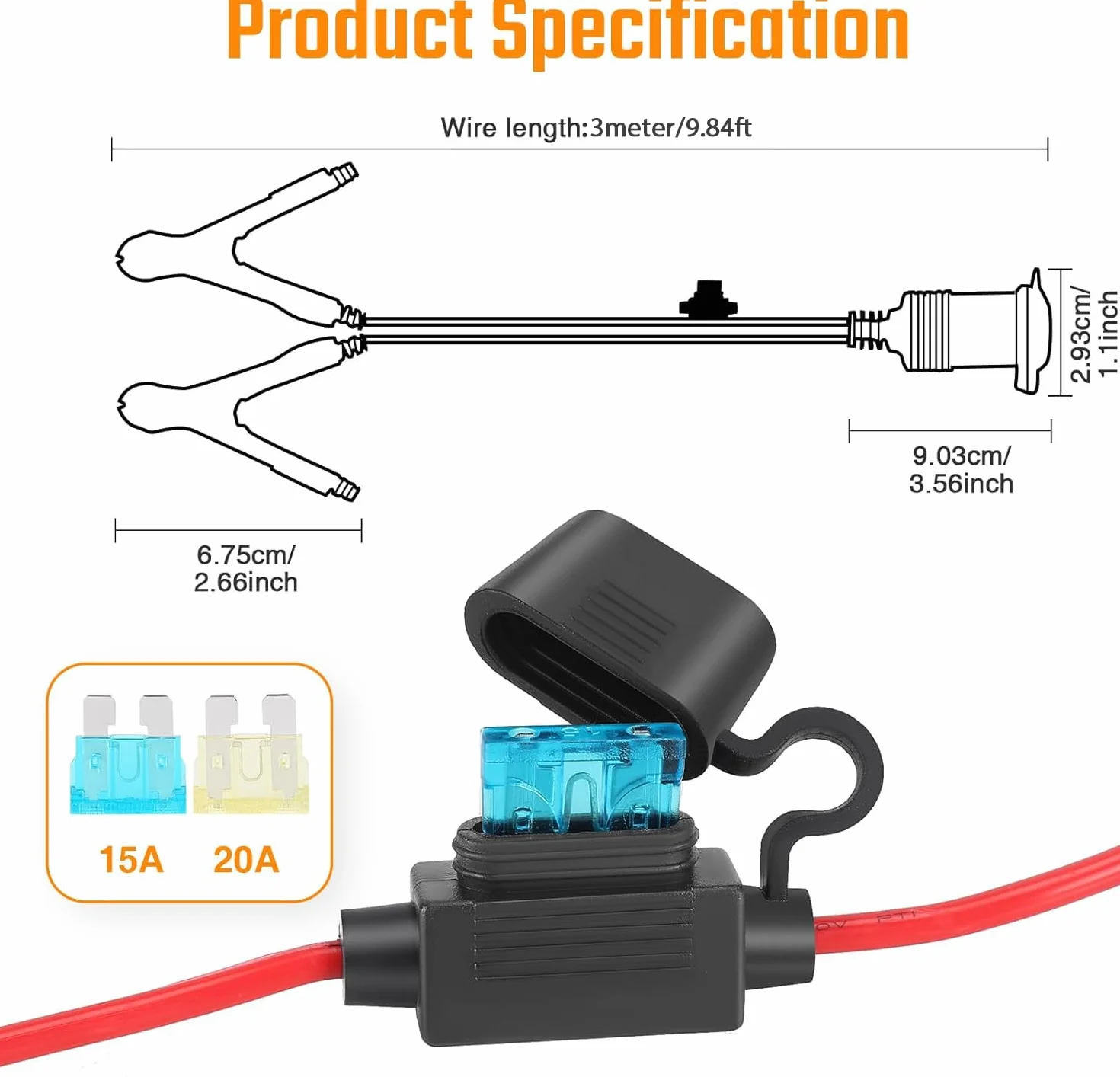Thlevel Cable de Extensión de Coche Alargador Mechero Coches 12V 24V Pinza de Cocodrilo Eléctrica 3 Metros 16AWG con Fusible de Protección para la Batería Portátil Compresores Inversor