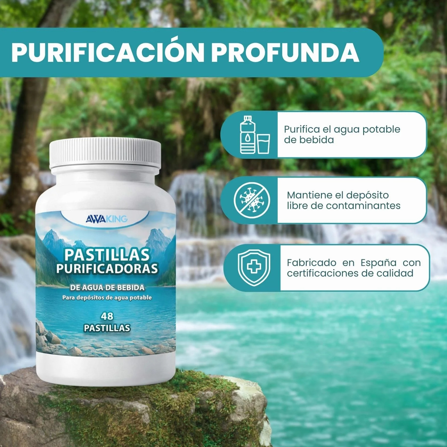 Awaking Pack 3 x 48 Pastillas Potabilizadoras de Agua | 144 Pastillas | Tratamiento hasta 28.800 Litros | 200L por Pastilla | Ideal para Depósitos y Caravanas.