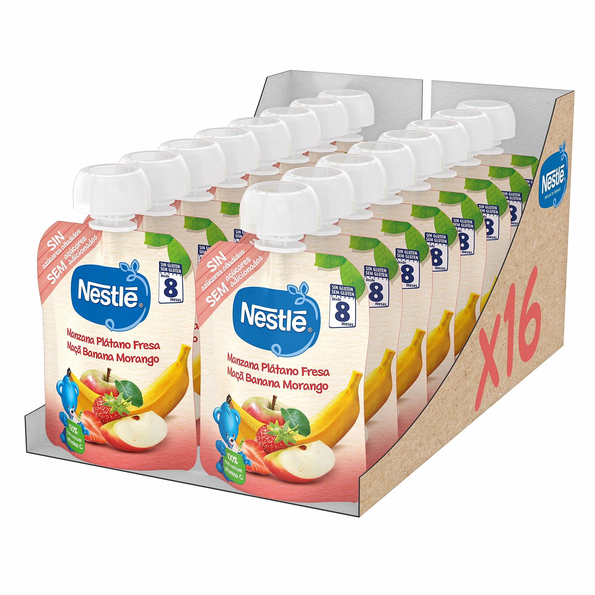 Nestlé Papillas Bolsita Puré Manzana, Plátano Y Fresa 90g Pack 16