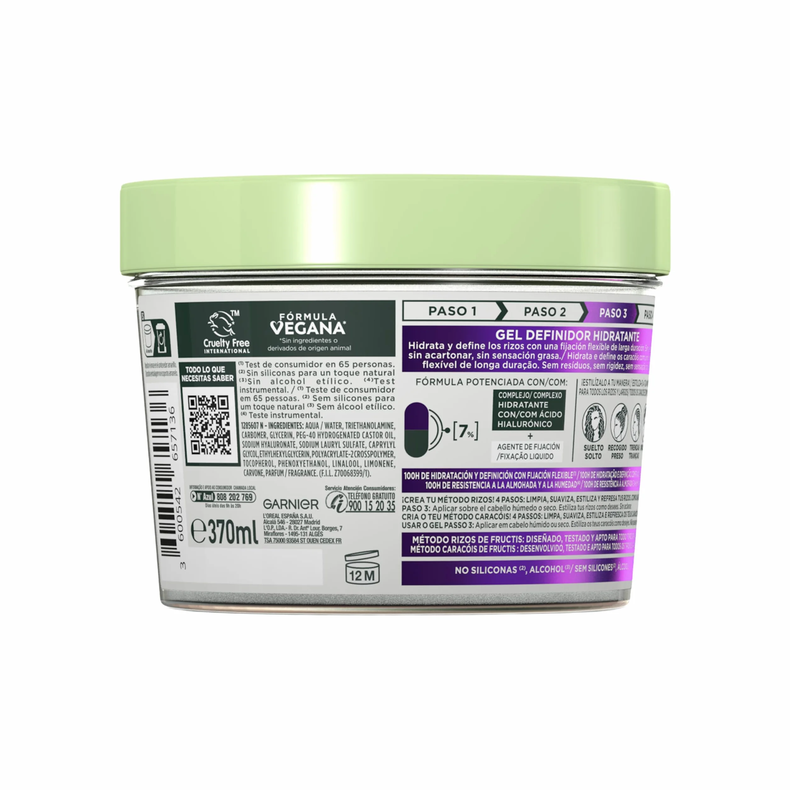 Garnier Fructis Curls Method Flexi Hold Gel Paso 3 Gel de peinado hidratante para todo tipo de rizos, 100H hidratación, ácido hialurónico