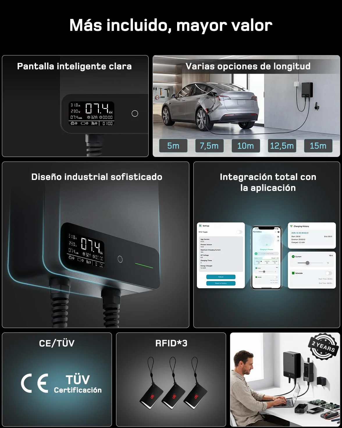 dé Wallbox 7,4 kW Monofásico con App, Cable Tipo 2 de 7,5 m, RFID, Cargador Coche Eléctrico 7,4 kW 6–32 A 230 V, con RCD Tipo A 30 mA CA + 6 mA CC, IP54, para Model Y/3 y Otros BEV/PHEV, Negro