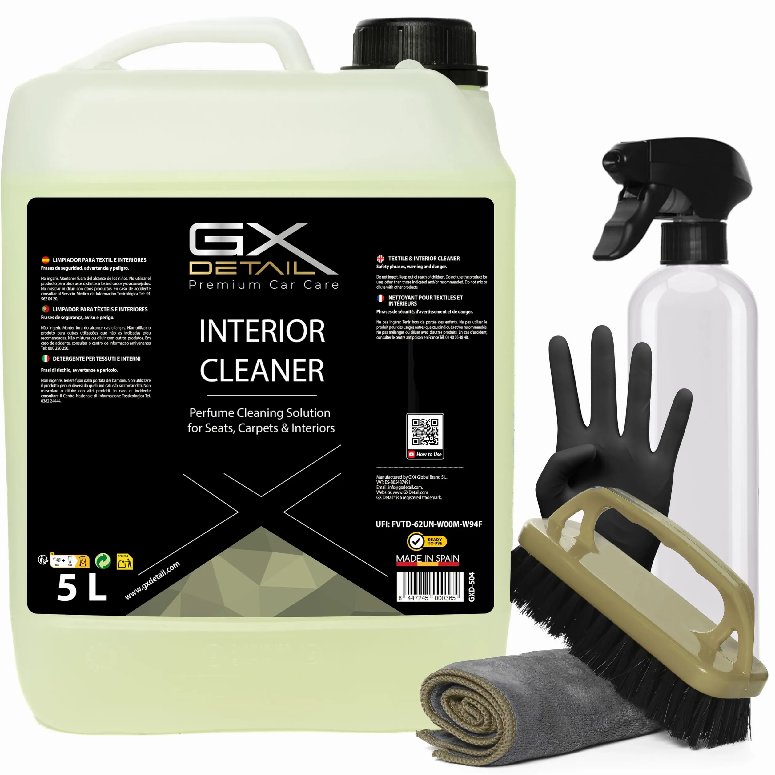 GxDetail Limpia Interiores y Tapicerías para Coche 5 Litro – Elimina Manchas, Suciedad y Olores – Fórmula Potente y Segura para Tela, Cuero y Alfombrillas – Acabado Profesional y Fácil Aplicación