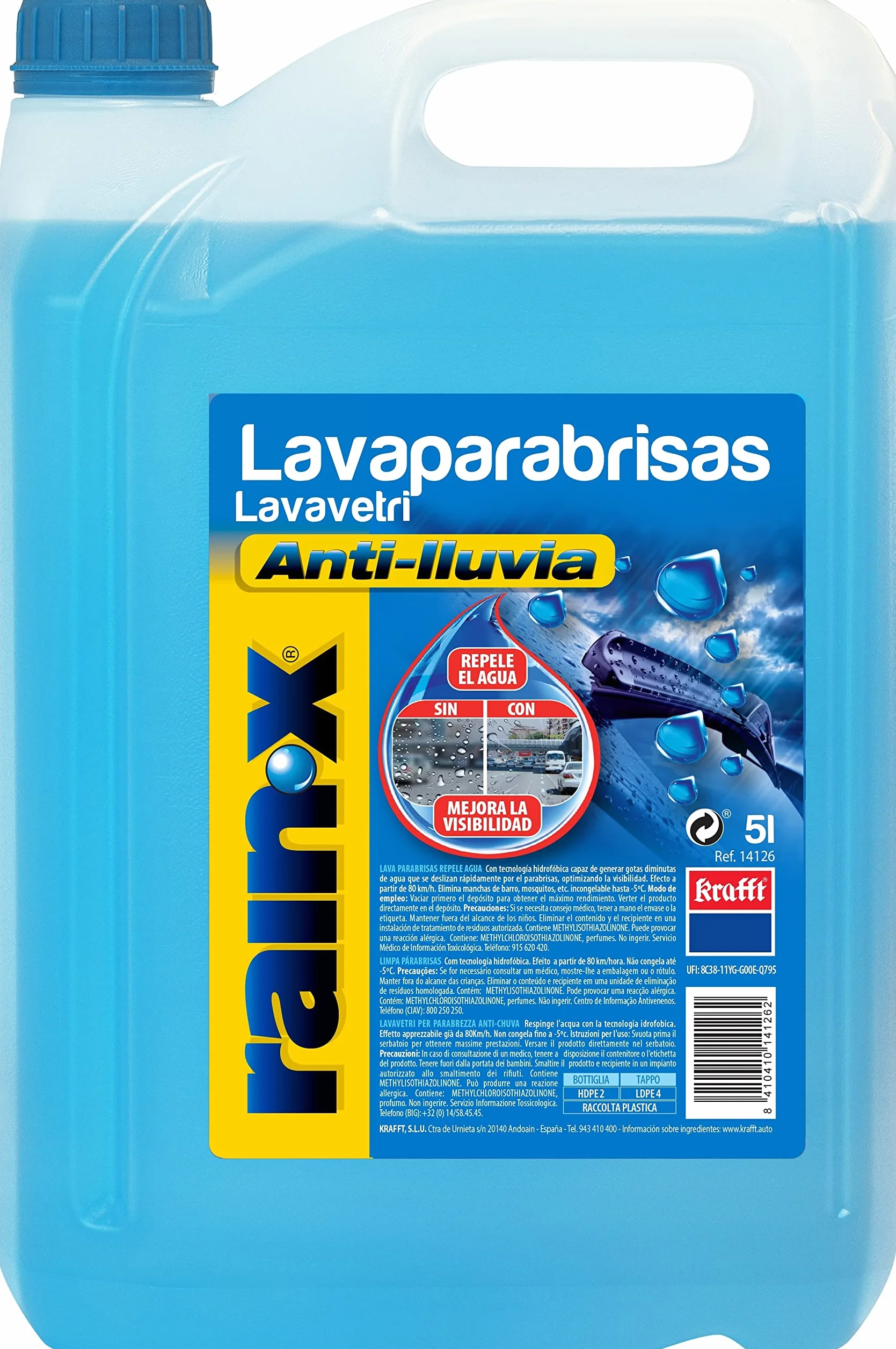 Rain-X Limpiaparabrisas Coche Concentrado Tecnología Hidrofóbica Antilluvia Protección -5ºC 5L