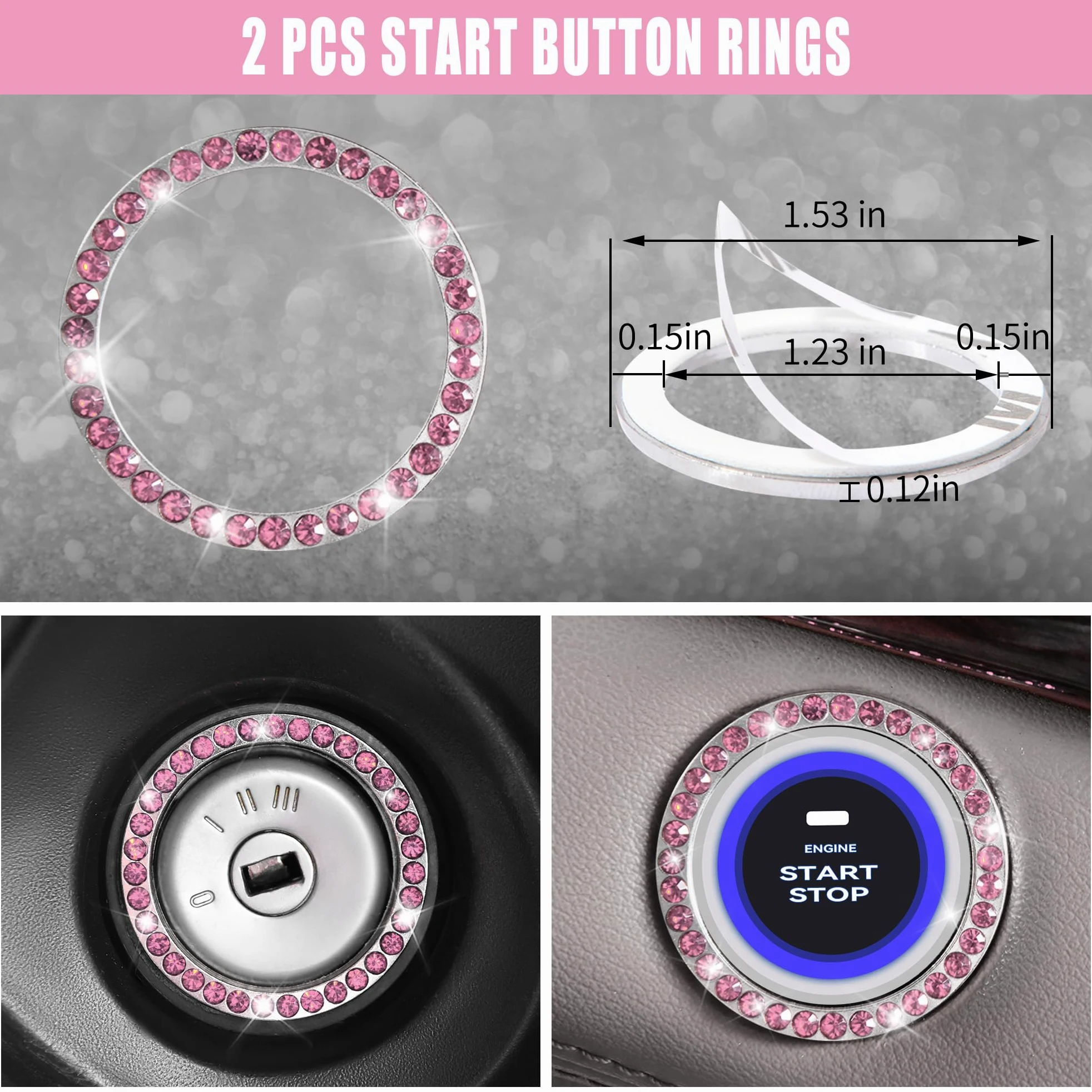 CAR PASS Juego de 24 accesorios de diamantes rosas para mujer, fundas de asiento de cuero, funda de volante de 15 pulgadas, ganchos brillantes de diamantes de imitación, posavasos, bonitas