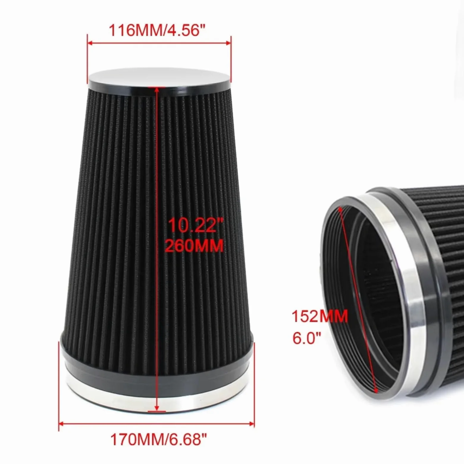 Filtro Aire Universal Motor Cono Para Alto Flujo Coche 150 Mm 6Pulgada Filtro de aire motor coche | Para tubo de entrada de aire frío, filtro de entrada de aire frío lavable para motor de carreras(Red)