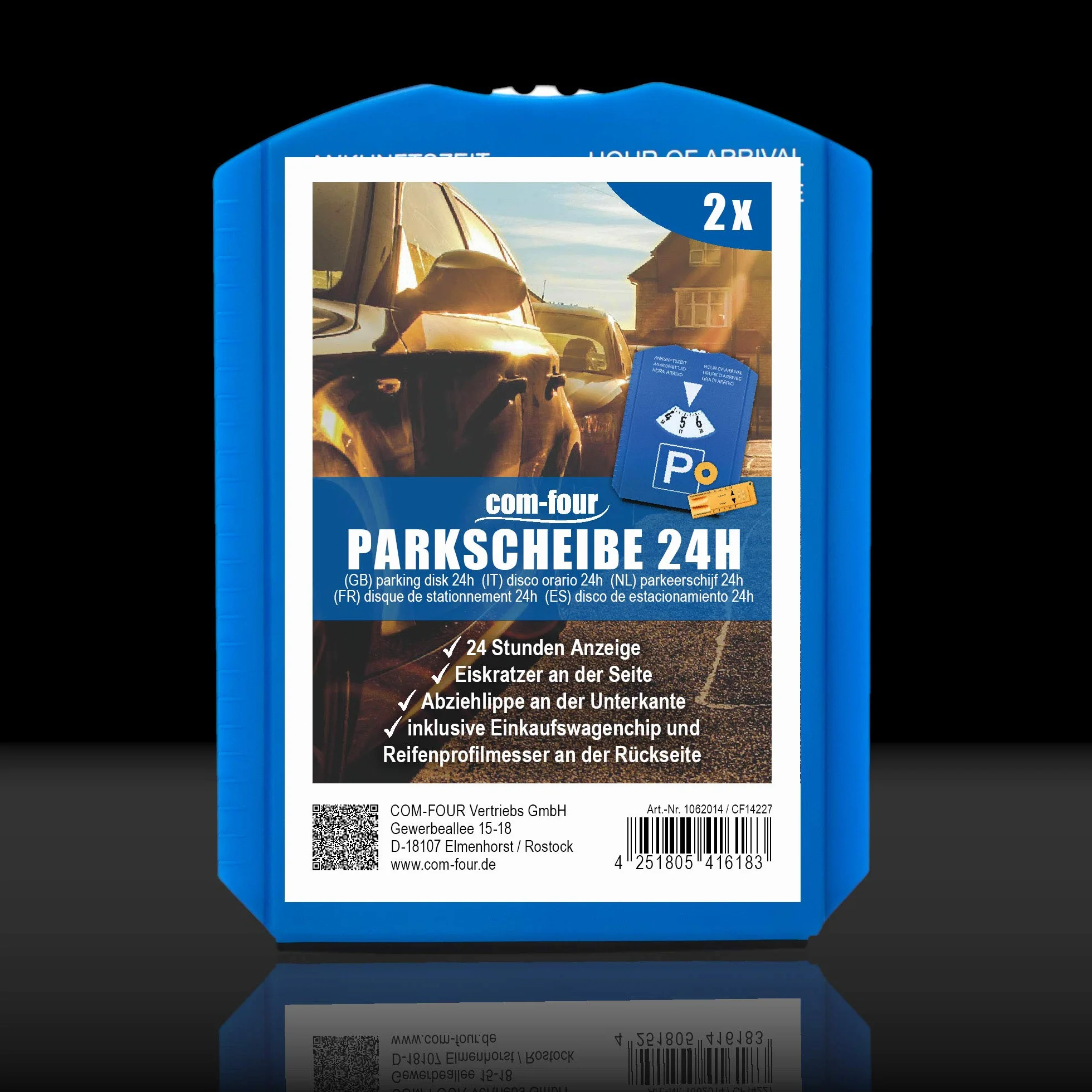 com-four® 2X Disco de Aparcamiento con Raspador de Hielo, Borde de Goma, Chip para Carro de Compra y Medidor Perfil Neumático - Parquímetro de Plástico (02 Piezas - con Chip + Cuchillo perfilado)