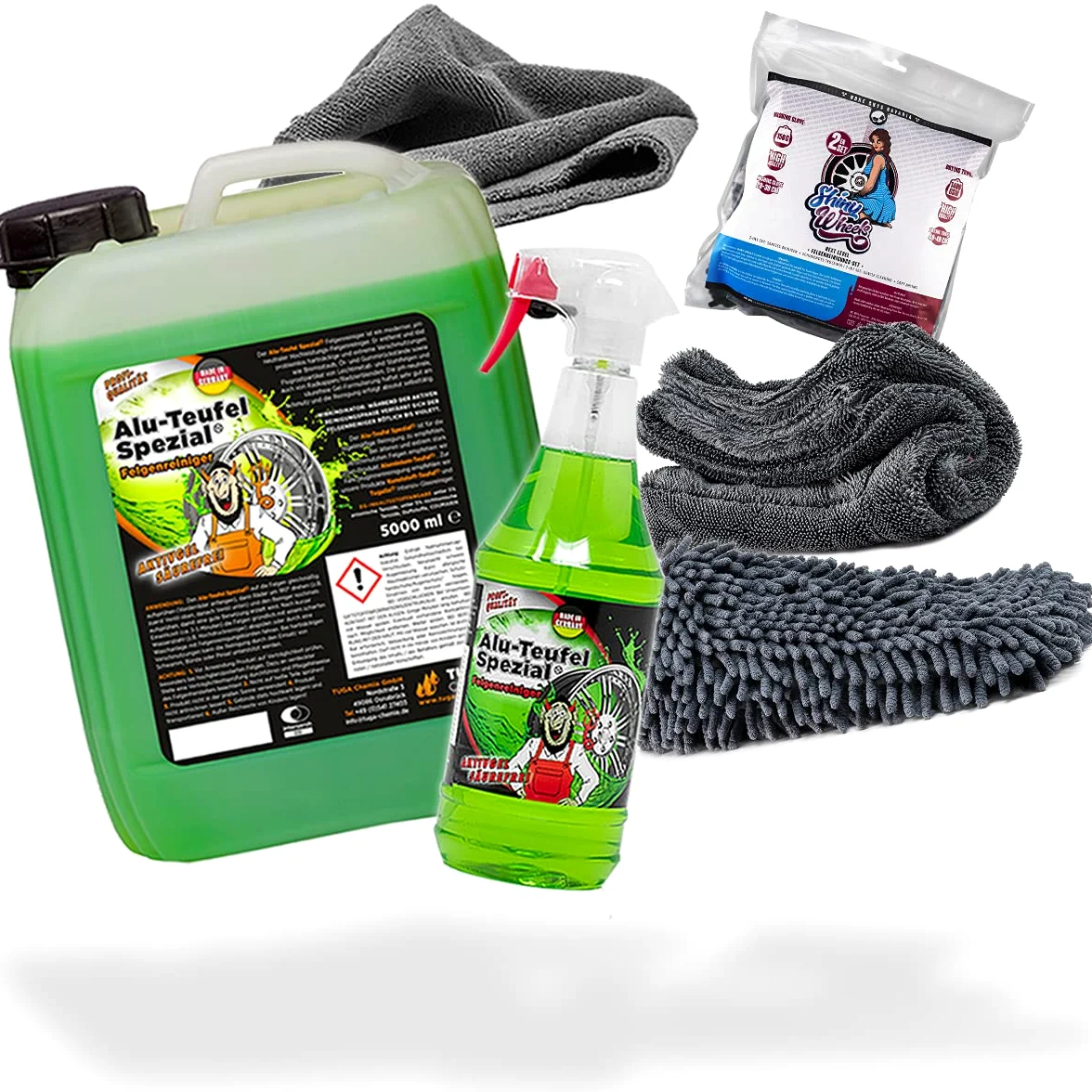 detailmate Juego de Limpieza de Llantas: Tuga Chemie ALU-Teufel Limpiador Llantas 1L + Tuga Chemie ALU-Teufel 5L + Juego de Limpiador Llantas Shiny Wheels con paño y Guante Lavado + paño Microfibra