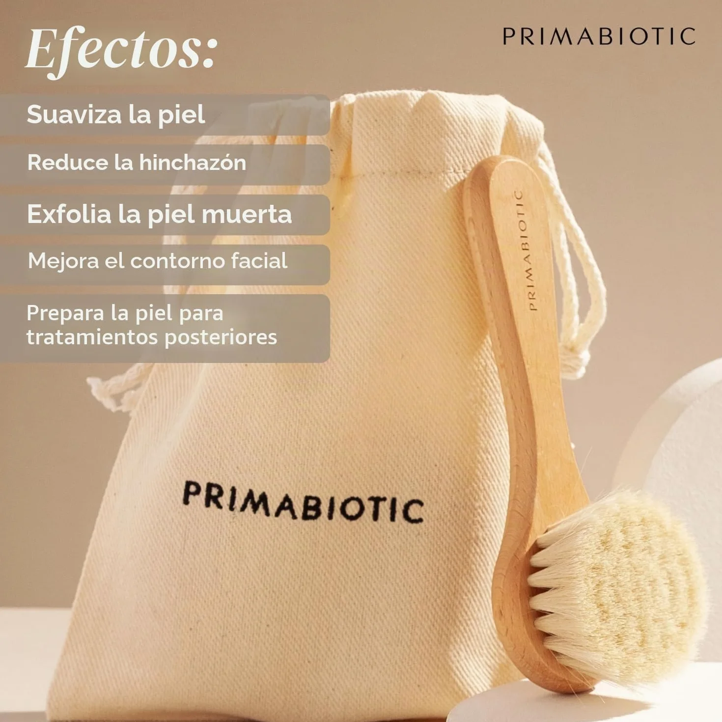 Primabiotic Cepillo de Masaje Facial de Madera de Roble y Pelo de Cabra para Limpieza Seca Natural