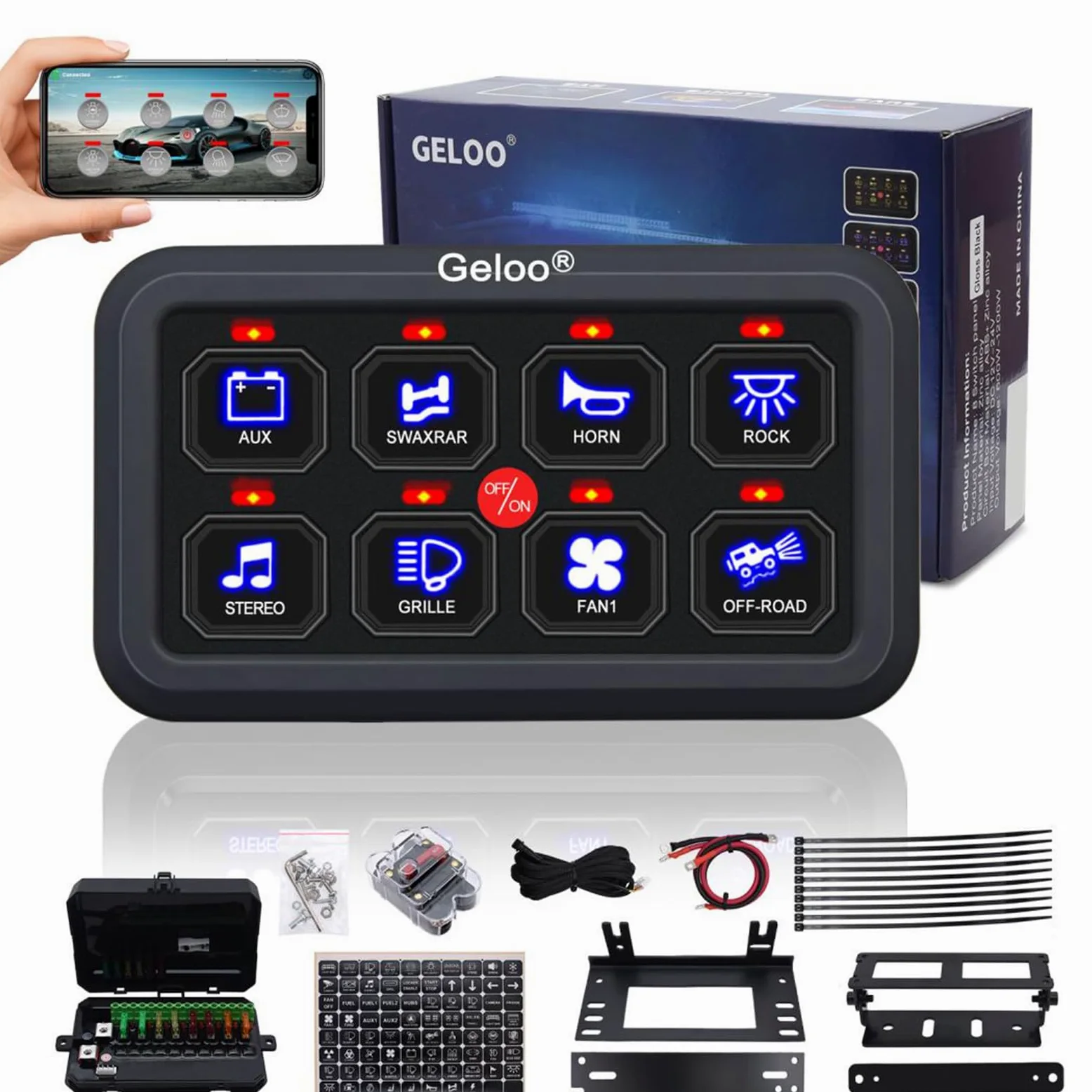 Geloo Kit de panel de interruptor de 8 marchas, universal, 12 V/24 V, sistema de relé de circuito táctil, panel de conmutación RGB, siete colores, regulable con aplicación On-Off Interruptor