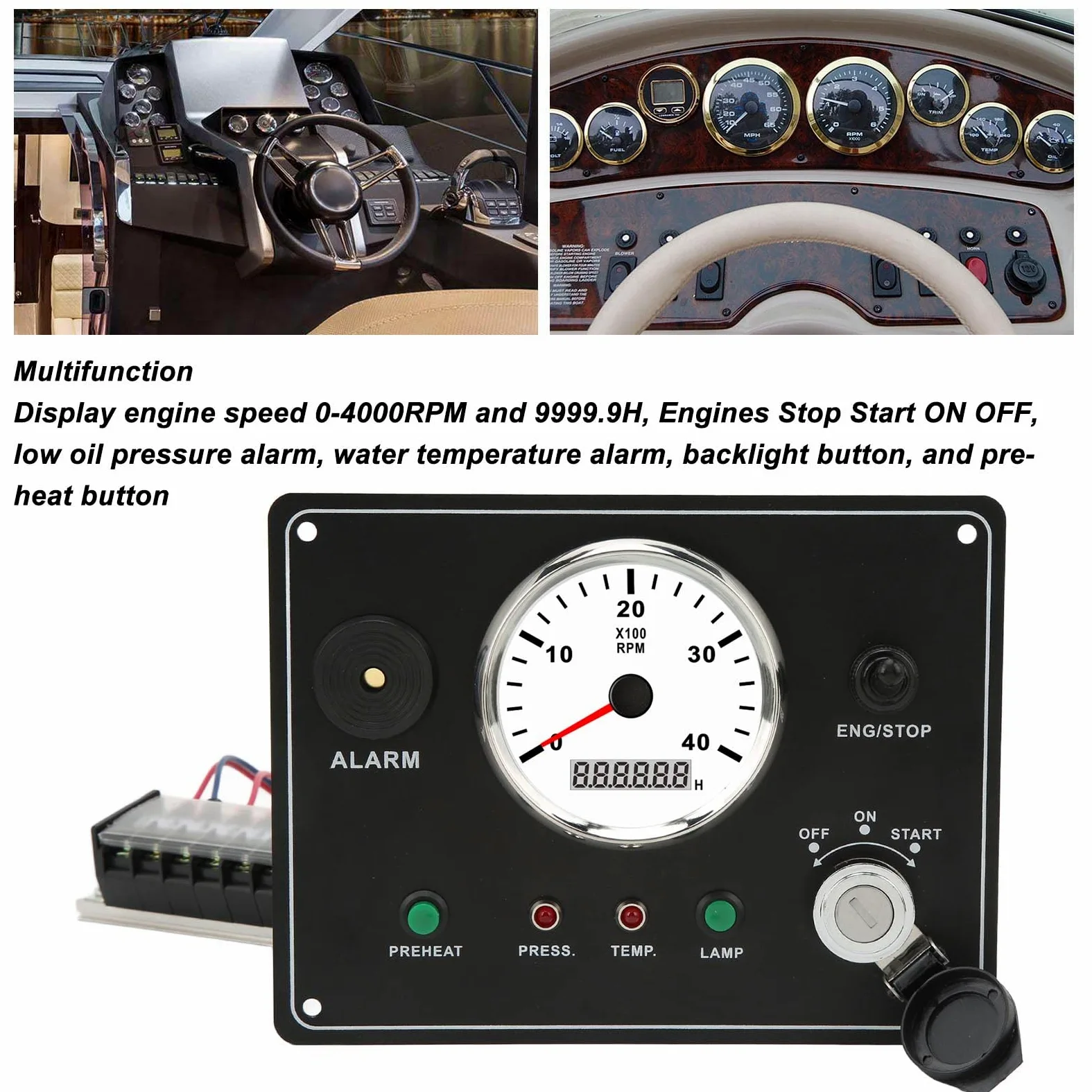 Dilwe Panel de Instrumentos para Barcos, Panel de Tacómetro de Tablero Marino de Acero Inoxidable 316L de 0 a 4000 RPM IP67 a Prueba de Agua con Contador de Horas, Alarma, Parada de Inicio para