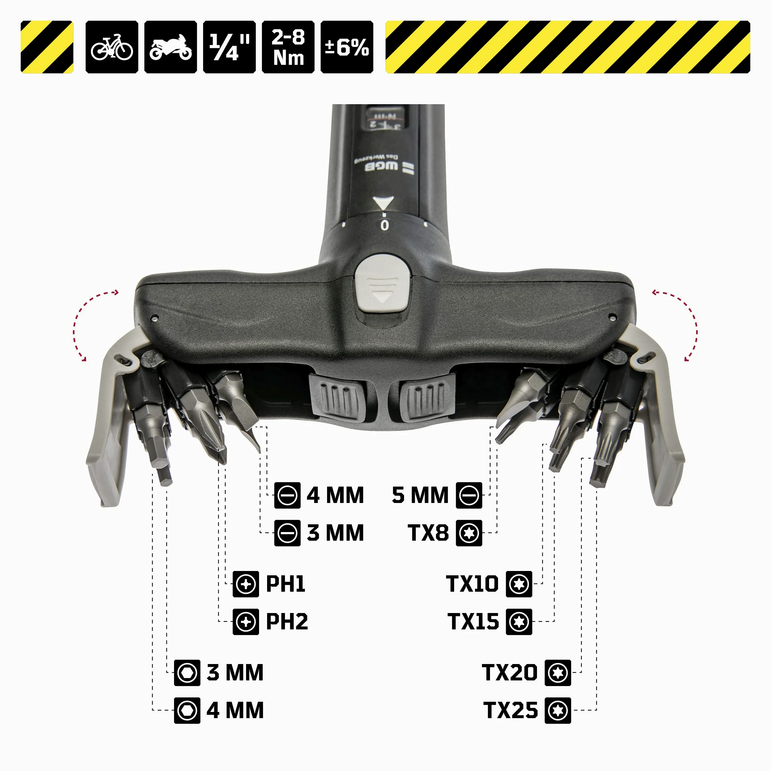 WGB Das Werkzeug Destornillador de par con 12 puntas en mango en T para bicicleta | Llave dinamométrica de 1/4" con cruz, ranura y juego de puntas TX