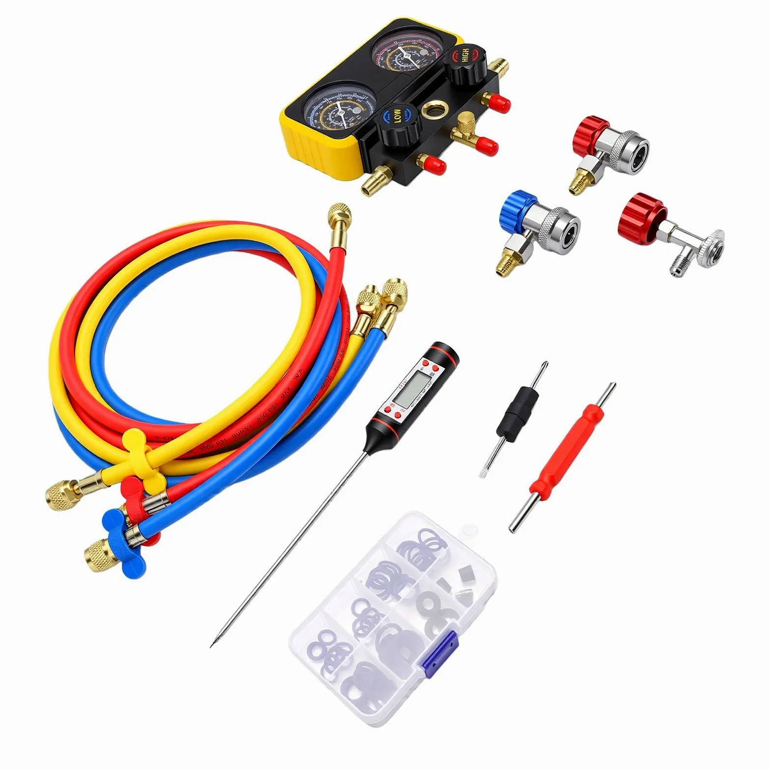 Tbest Juego de Manómetros de Colector HVAC R134A Kit de Manguera y Manómetro de Diagnóstico de Aire Acondicionado con Accesorios de Conexión Rápida para Carga de Refrigerante, Vacío y
