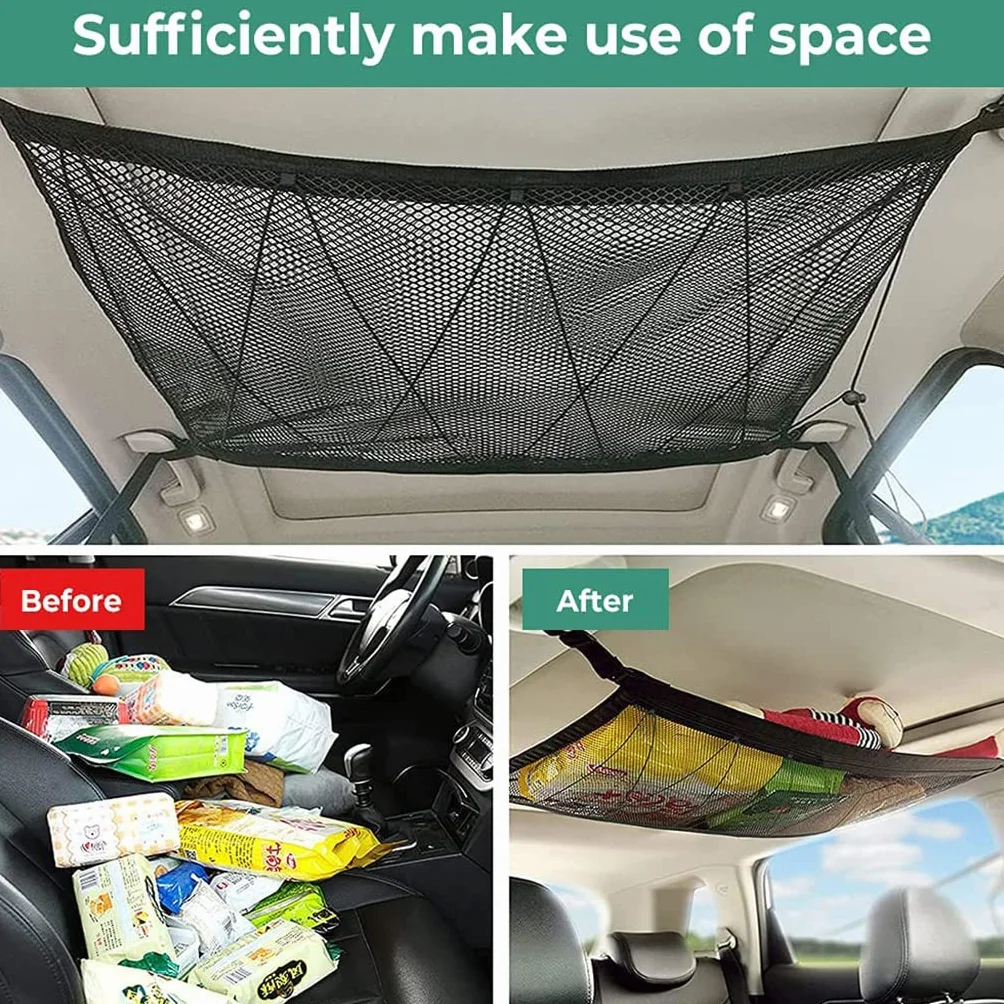 Red Techo Furgoneta Camper,90cmx65cm Organizador Bolsa de Red de Carga con Cremallera, Red Elastica con 2 Ganchos Ajustables, Almacenamiento de Viaje Largo para Jeep Van SUV