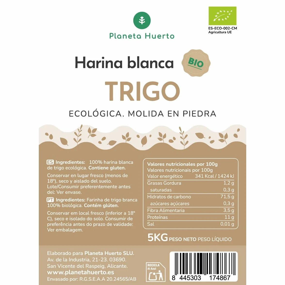 PLANETA HUERTO Harina Blanca de Trigo Eco 5 Kg Rica en Carbohidratos para Preparaciones Horneadas