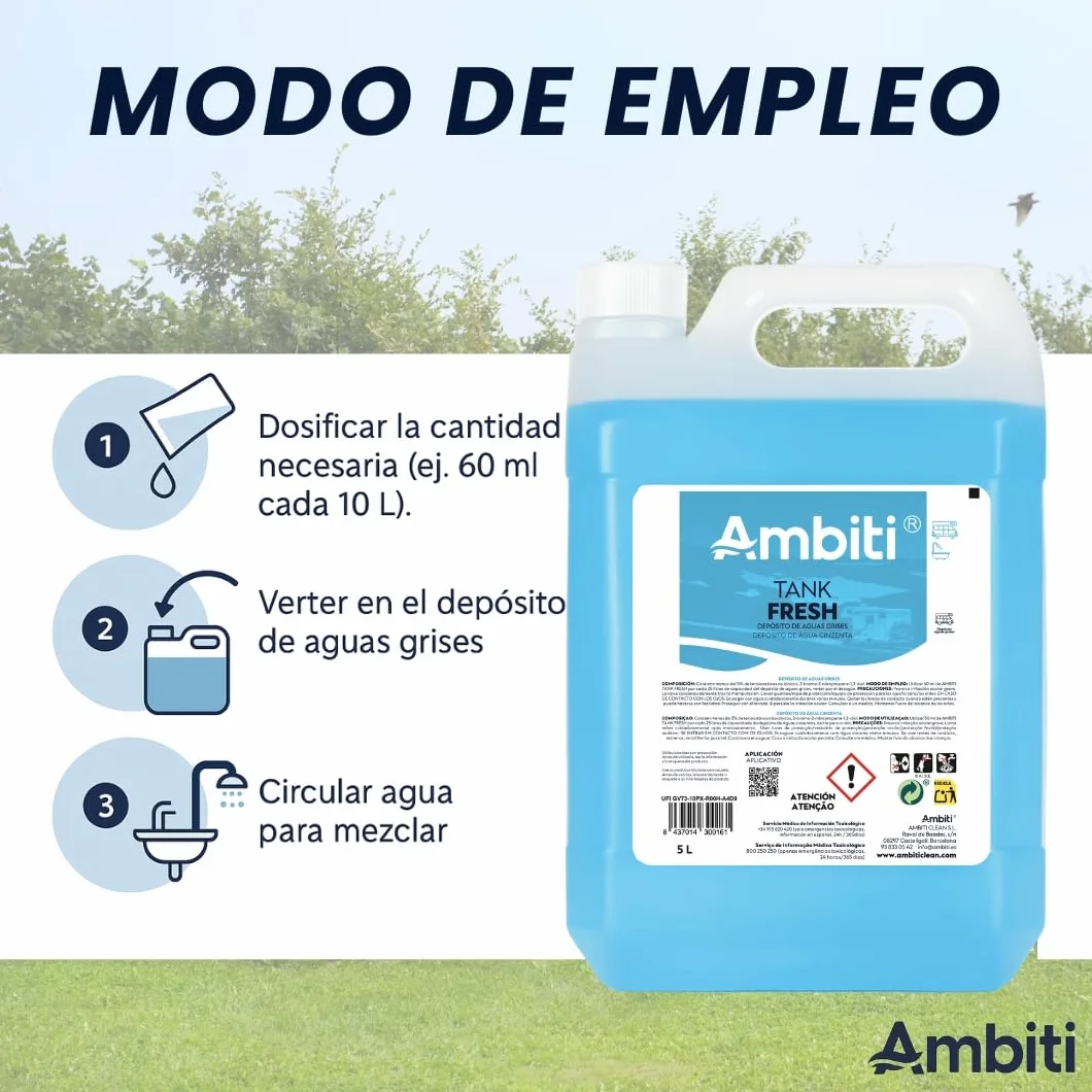 Ambiti | Tank Fresh | Aditivo para Depósito Aguas Grises | Elimina Olores y Sedimentos en Duchas, Fregaderos y Desagües de Autocaravanas y Campers | Fragancia Piña Colada (5L)