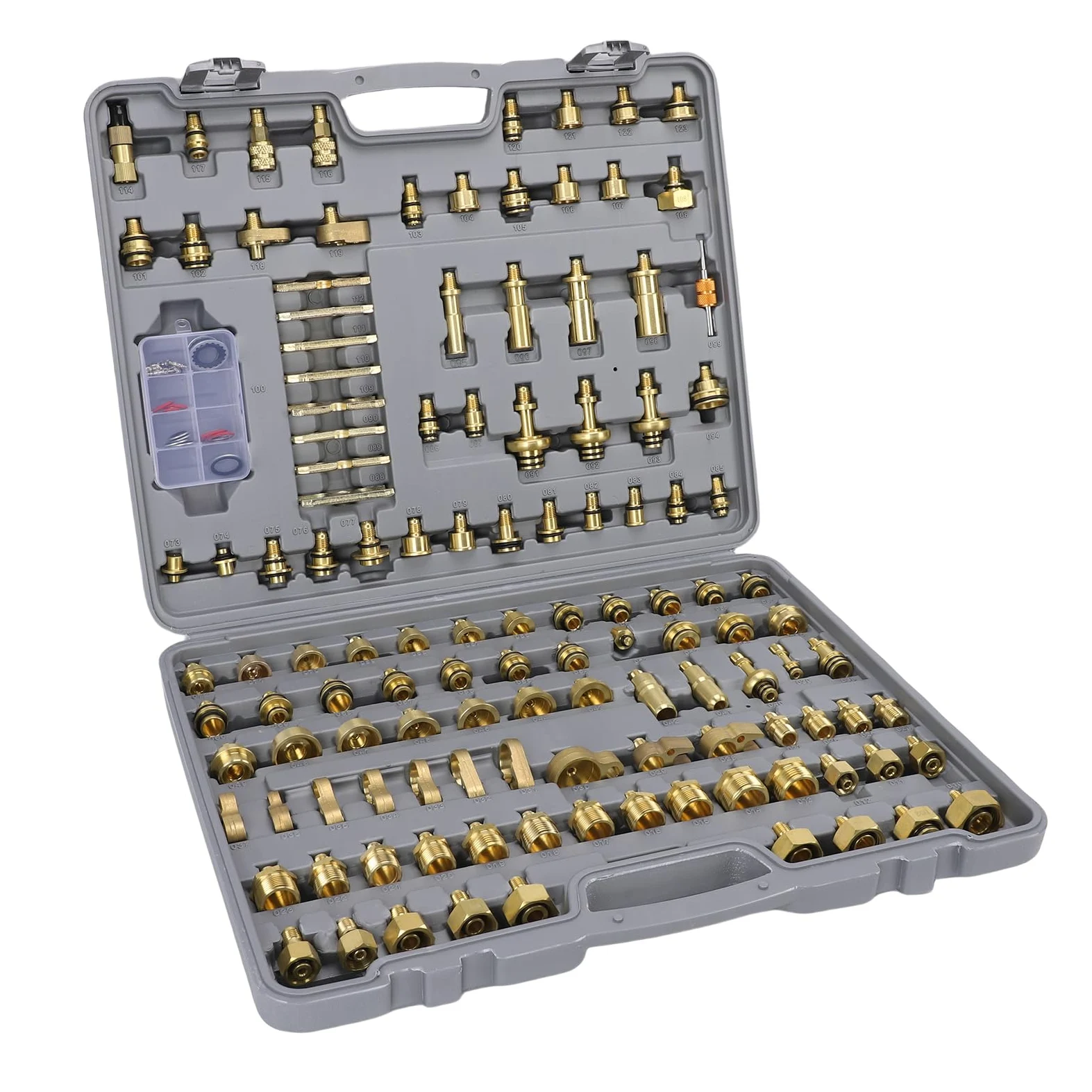 Ausla Kit de Detección de CA Automotriz Kit de Prueba de Aire Acondicionado Automático de Latón 122 Piezas con Núcleos de Válvulas y Juntas para Reparación y Mantenimiento del de CA del Automóvil
