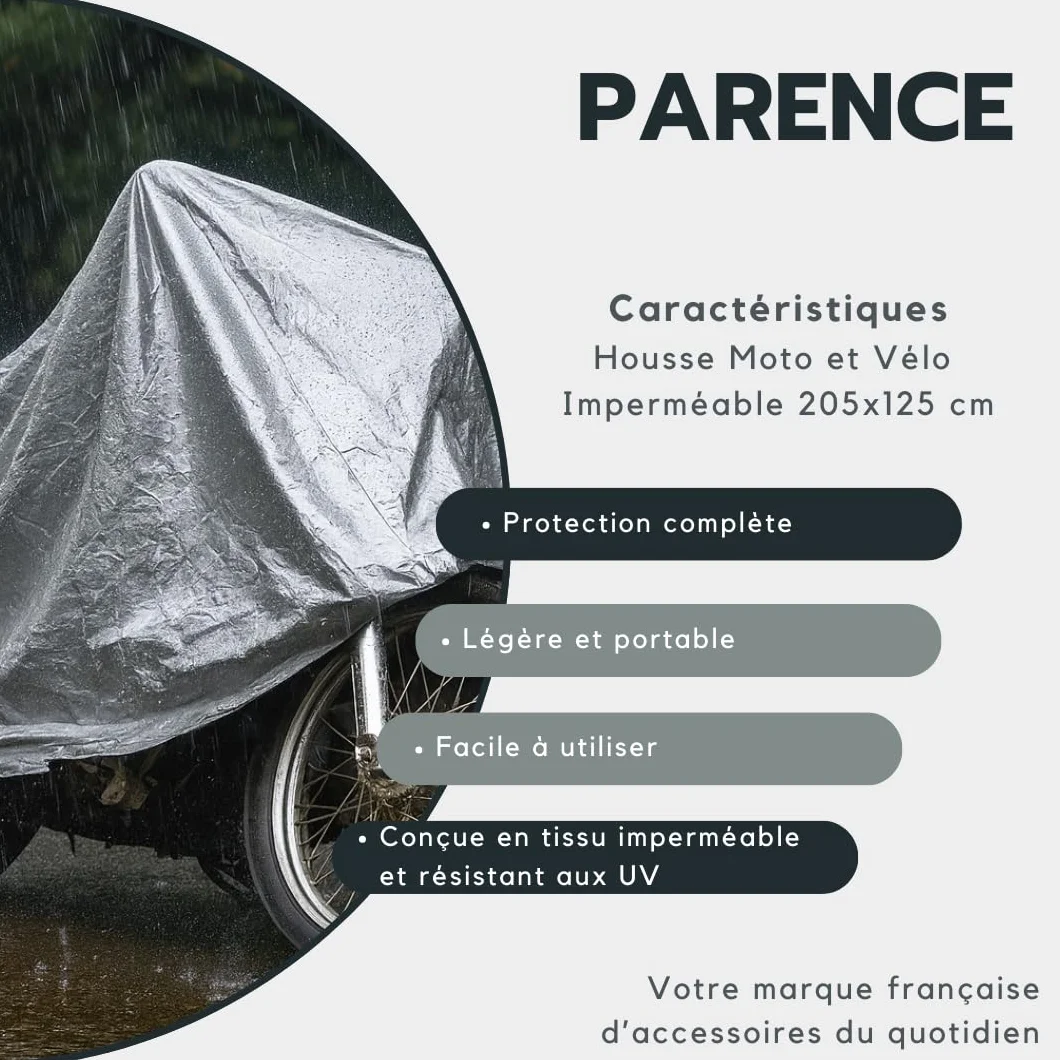 PARENCE.- Funda Impermeable para Moto y Bicicleta 205x125 cm – Protección Exterior e Interior Resistente a los Rayos UV, al Polvo y a la Intemperie – Funda Ligera de Aluminio con Cierre