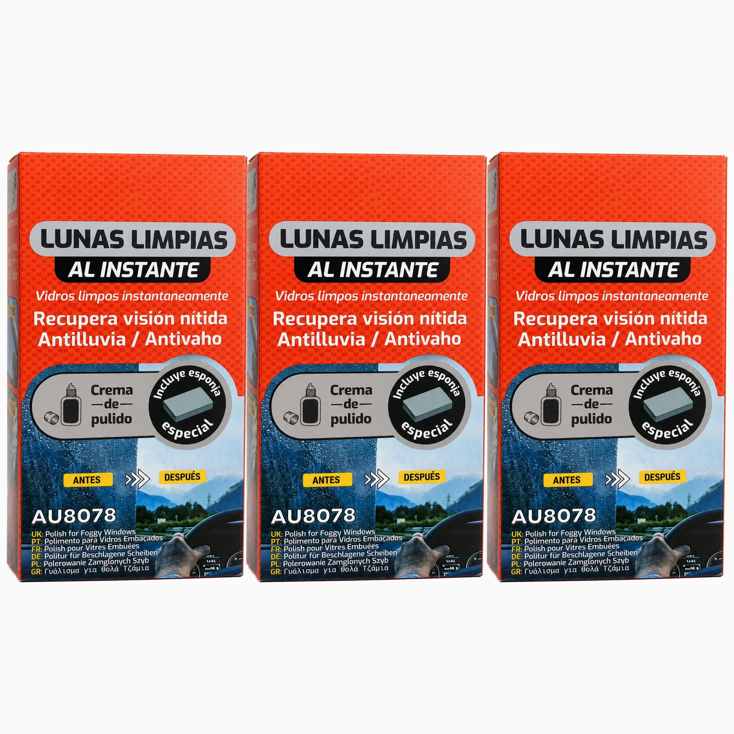 Pulimento Cristales Coche, Antilluvia y Antivaho, con Esponja, Pack de 12