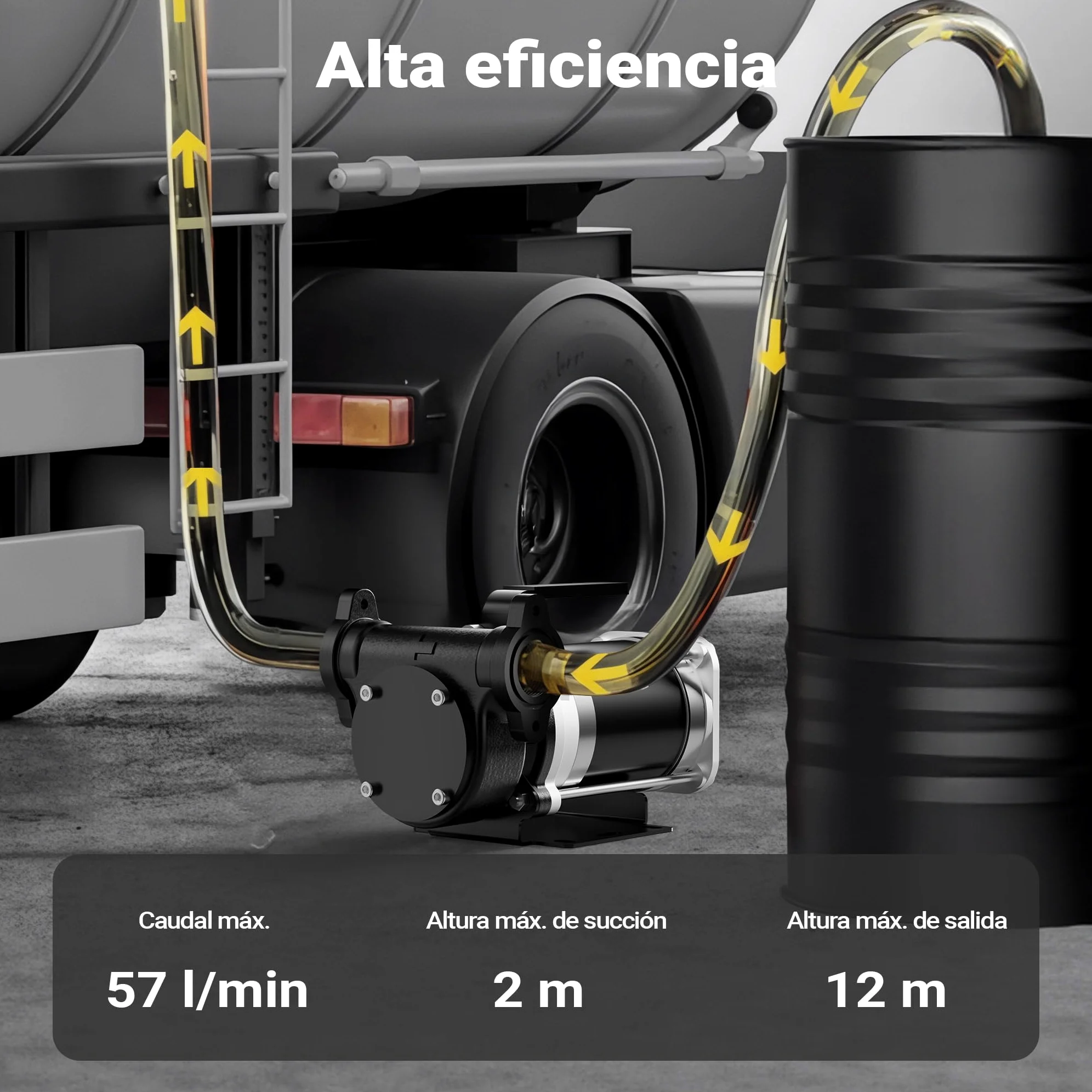 Wiltec Bomba de trasvase gasolina y diésel 12 V, 180 W caudal 57 l/min portátil cable con clips de batería altura máx. 12 m aspiración máx. 2 m autocebante ideal para trasvase desde barriles