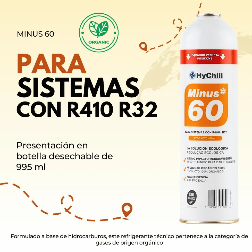 HyChill Minus 60 Refrigerante Técnico Orgánico - Envase Desechable 995 ml - 350gr Carga Neta - Uso Profesional - para Aplicaciones de climatización y refrigeración (3 ENVASES + Llave)