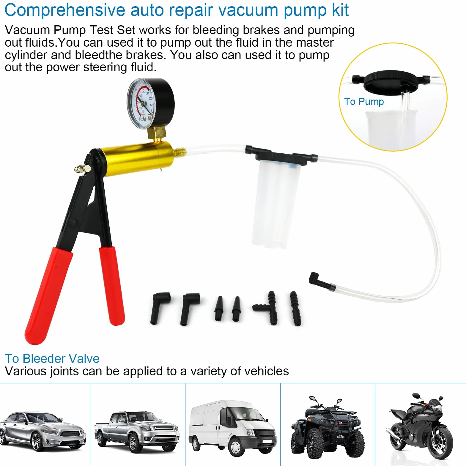 Equipo de Purga de Frenos de Freno de probador de Bomba de vacío con medidor de vacío, Adaptador para vehículo automotriz, camión y Moto