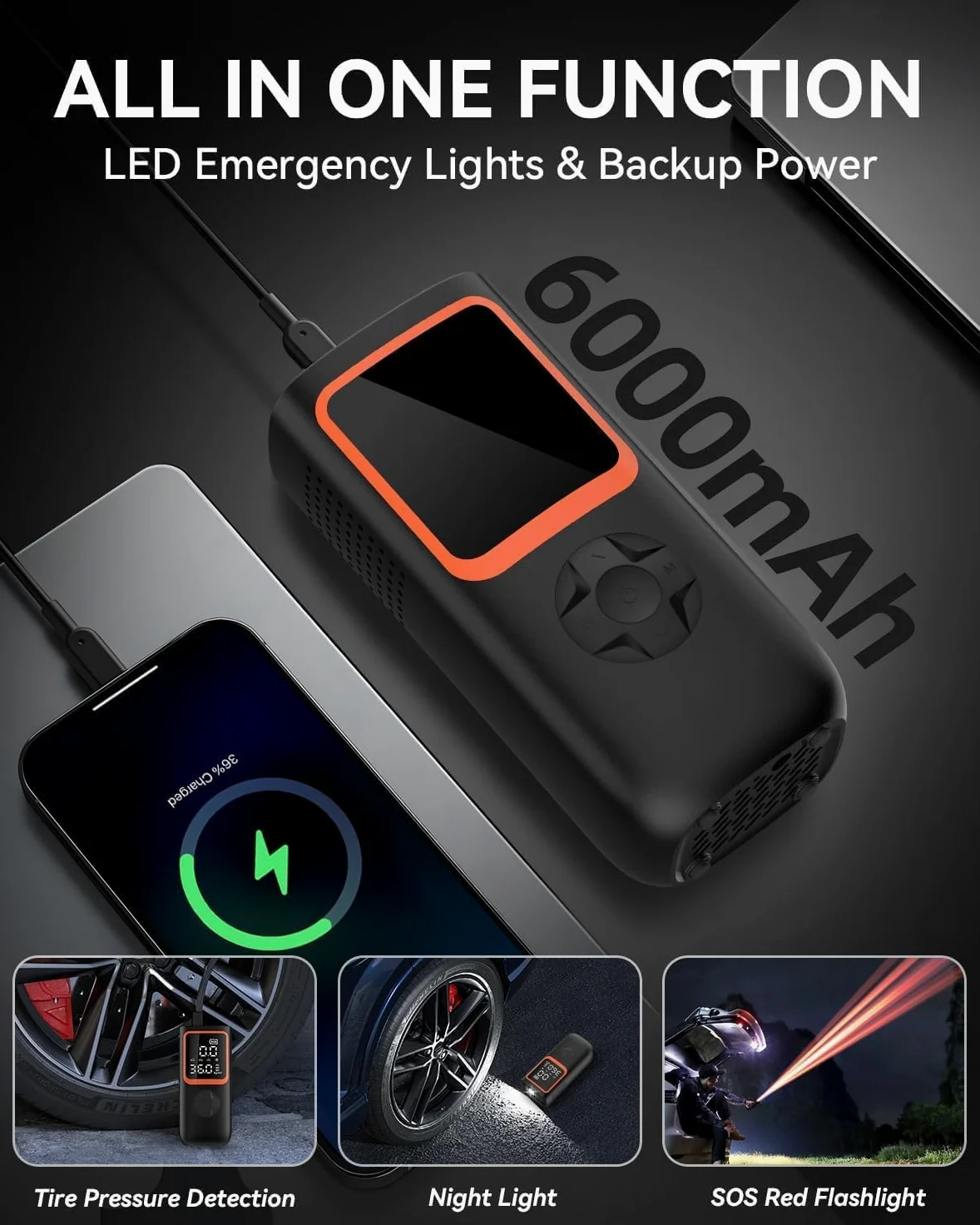 Compresor Aire Portatil- 6000mAh & 150PSI Inflador Electrico para Neumáticos de Coche con Manómetro y Luz LED, 2X Inflado Más Rápido Inflador Ruedas Coche