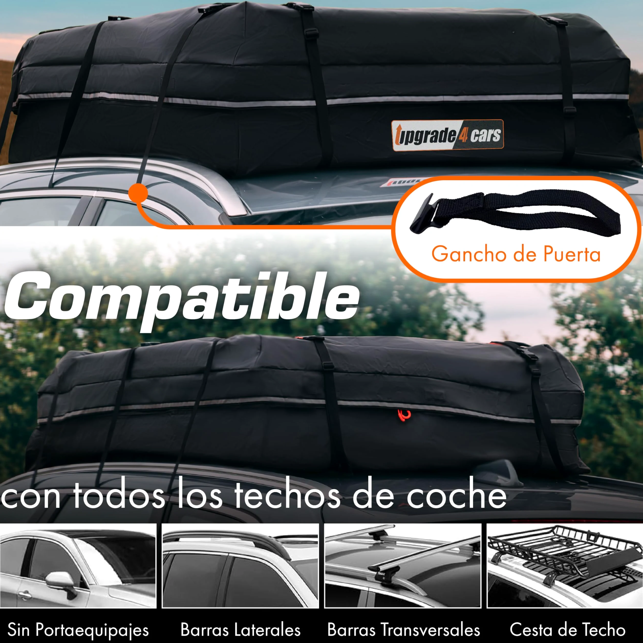 Upgrade4cars Bolsa de Techo para Coche 566L | Portaequipajes sin Barra Incluye Todos los Accesorios | Cofre Universal Plegable e Impermeable 130 x 110 x 40 cm