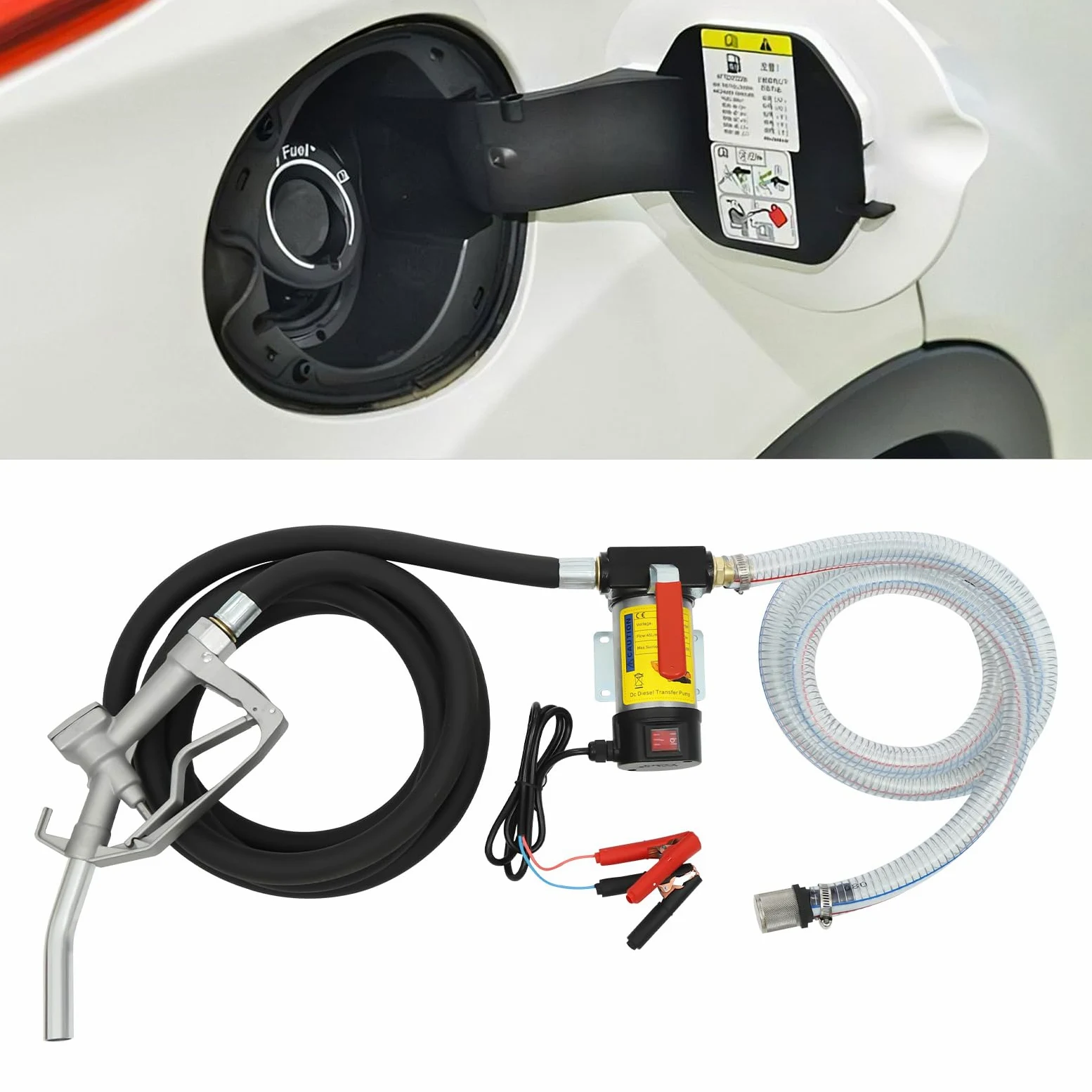 45 l/9,9 gal Kit de bomba de aspiración diésel de 12 V con boquillas y mangueras para transferencia de diésel, bomba diésel autocebante DC con una potencia máxima de 200 W
