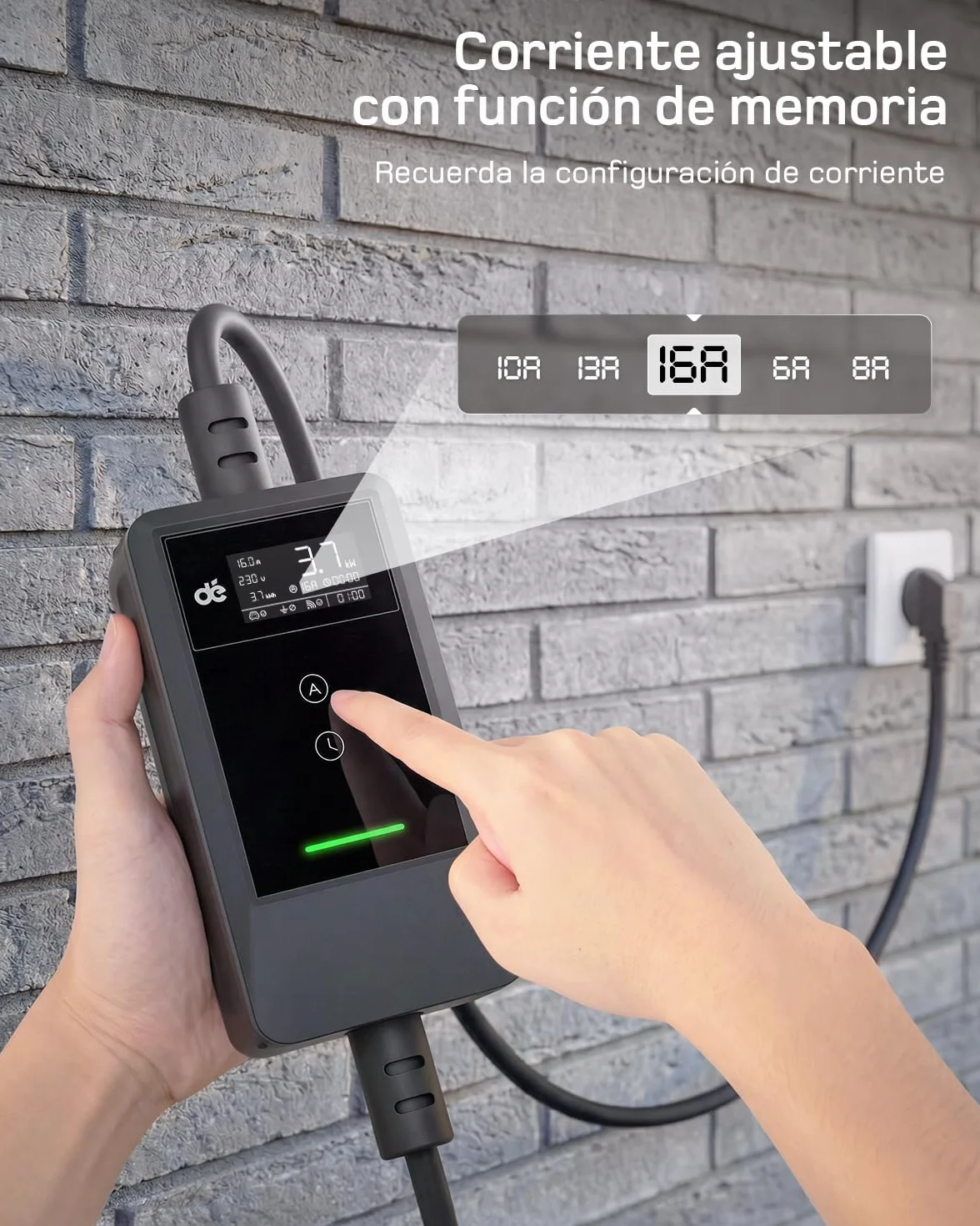 dé Cargador Coche Electrico App 3,7kW [7m, Monofásico, 6-16A] Cargador Carro Electrico con Potencia Ajustable a Distancia, para Model Y/3, Dolphin Surf, EV3, Avenger y Otros vehículos BEV/PHEV
