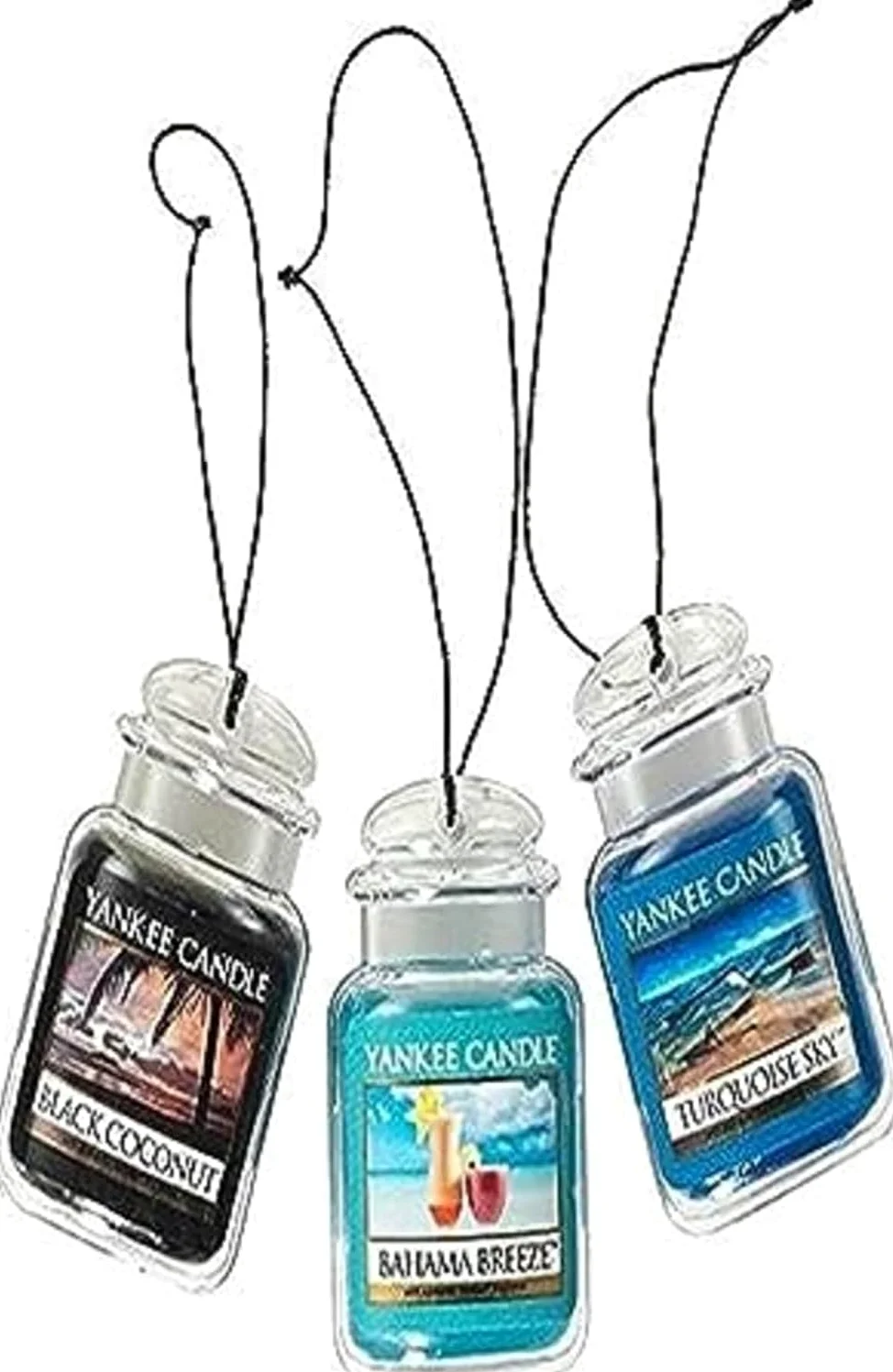 Yankee Candle Ambientadores para coche, Hanging Car Jar® Ultimate 3 unidades, neutraliza olores hasta 30 días, incluye: 1 Bahama Breeze, 1 coco negro y 1 turquesa cielo
