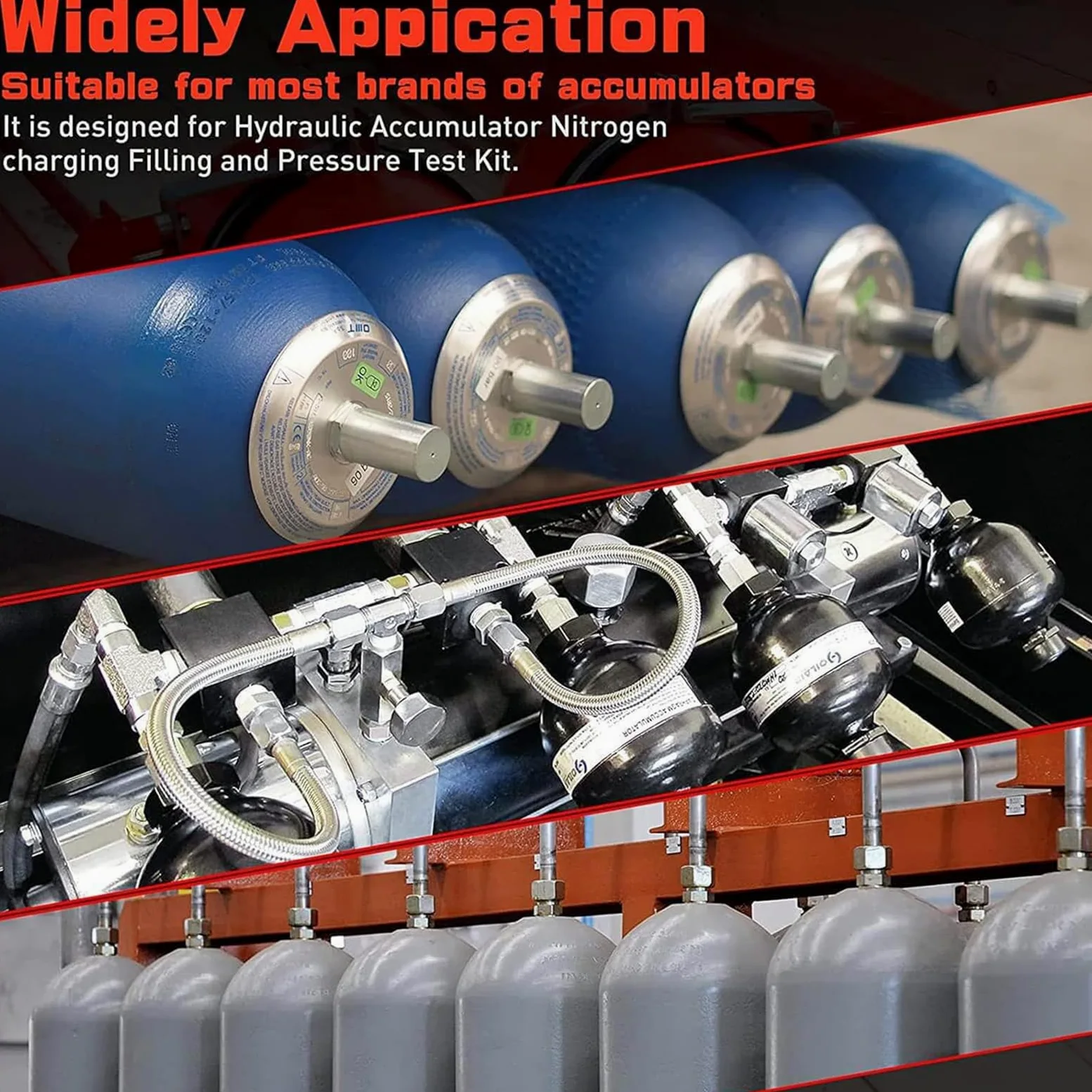 Kit de llenado de nitrógeno, Kit de Carga de acumulador hidráulico de nitrógeno, Sistema de Prueba de presión, Herramientas de Carga de Gas con 7 s, 3 manómetros, 1 Manguera de Gas